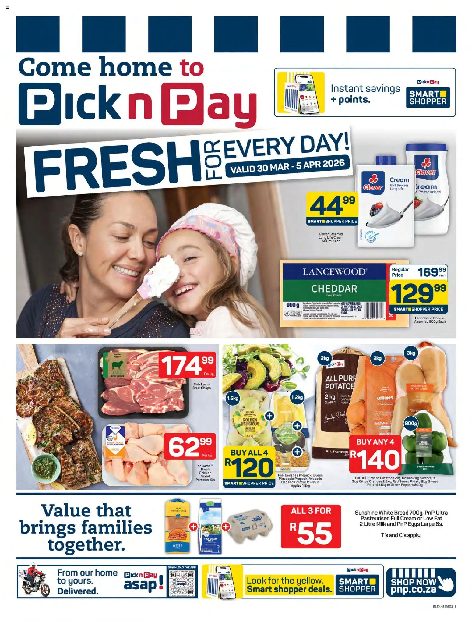 New Pick n Pay catalogue – valid from 30.03.2026 | Page: 1 | Products: Bread, Pineapple, Cream, Potatoes