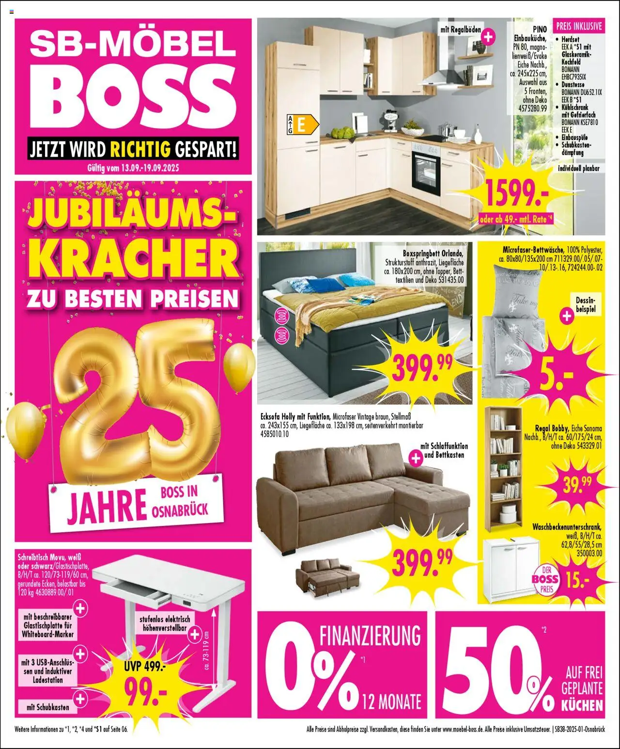 SB Möbel Boss Prospekt Osnabrück	 – gültig ab 13.09.2025 | Seite: 1 | Produkte: Bett, Boxspringbett, Regal, Kuchen