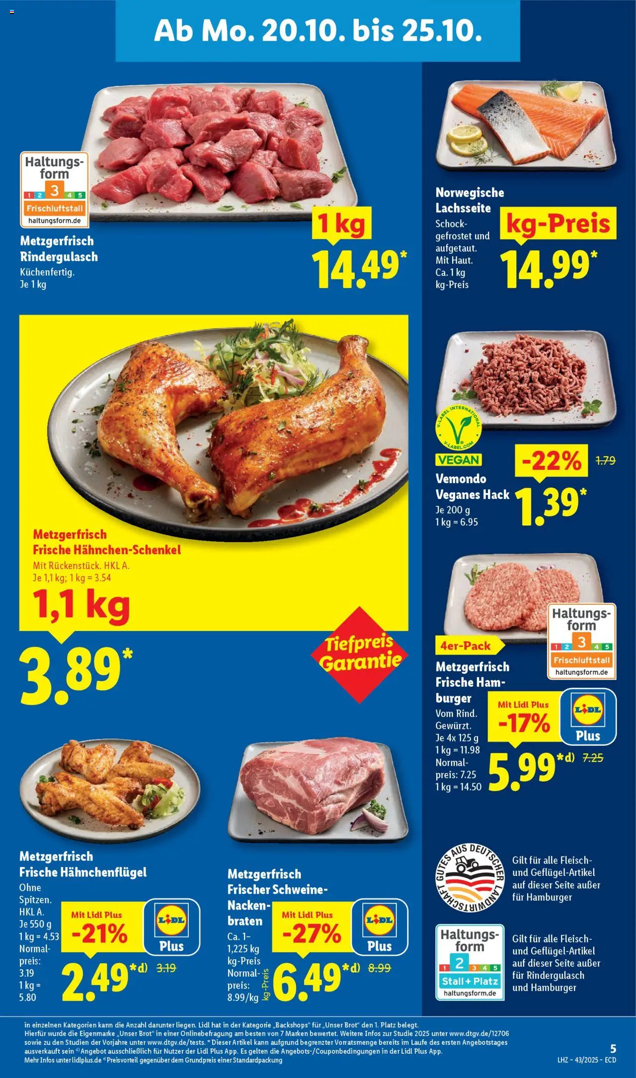 Lidl - Prospekt – gültig ab 20.10.2025 | Seite: 9 | Produkte: Rindergulasch, Hahnchenschenkel, Burger, Fleisch