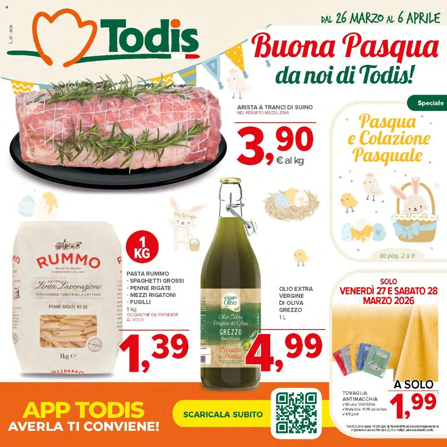 Volantino Todis del 26.03.2026 | Pagina: 1 | Prodotti: Suino, Olio extra vergine, Penne, Tovaglia
