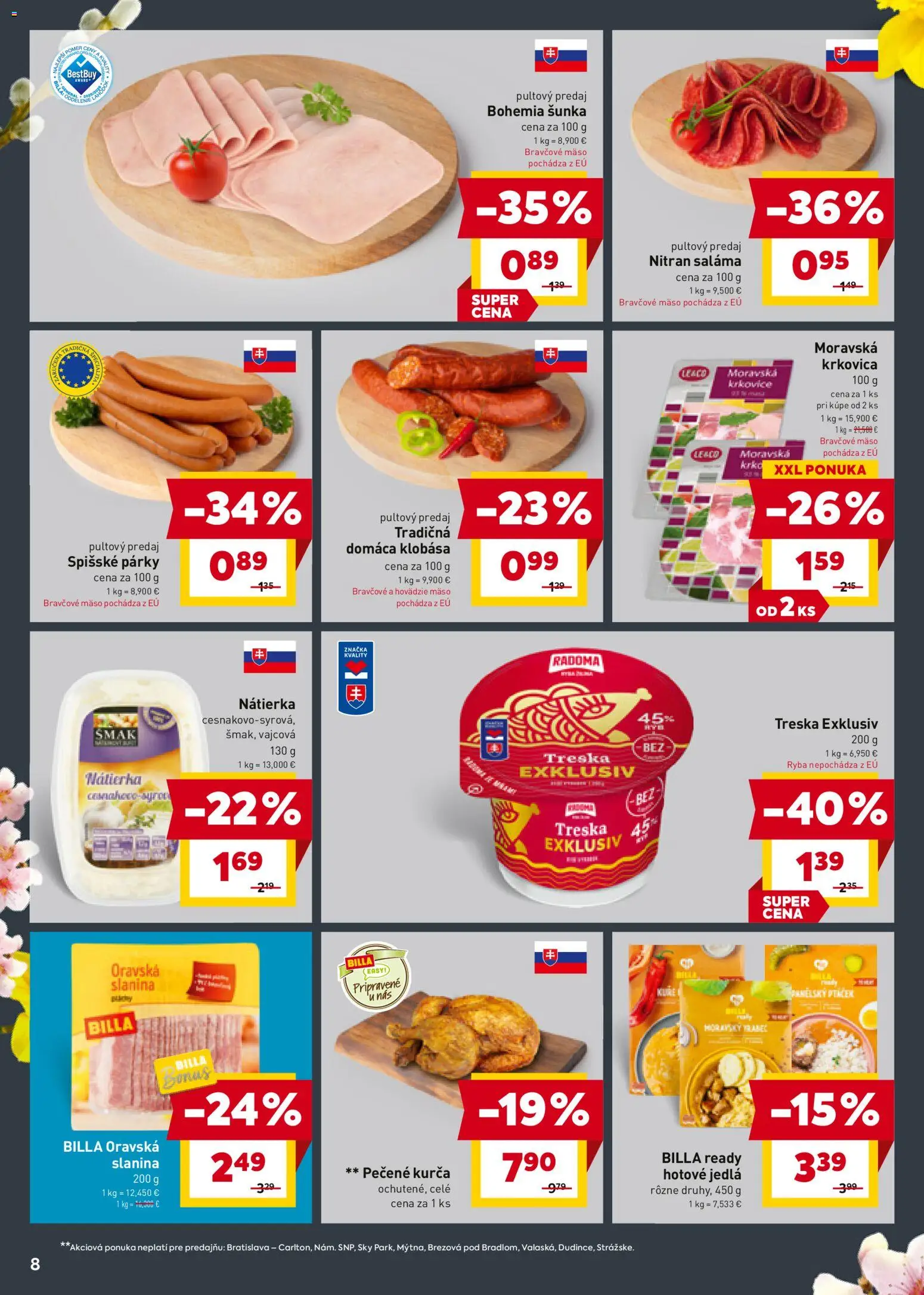 Nové Billa akcie – leták je platný od 18.03.2026 | Strana: 8 | Produkty: Saláma, Klobása, Ryba, Treska