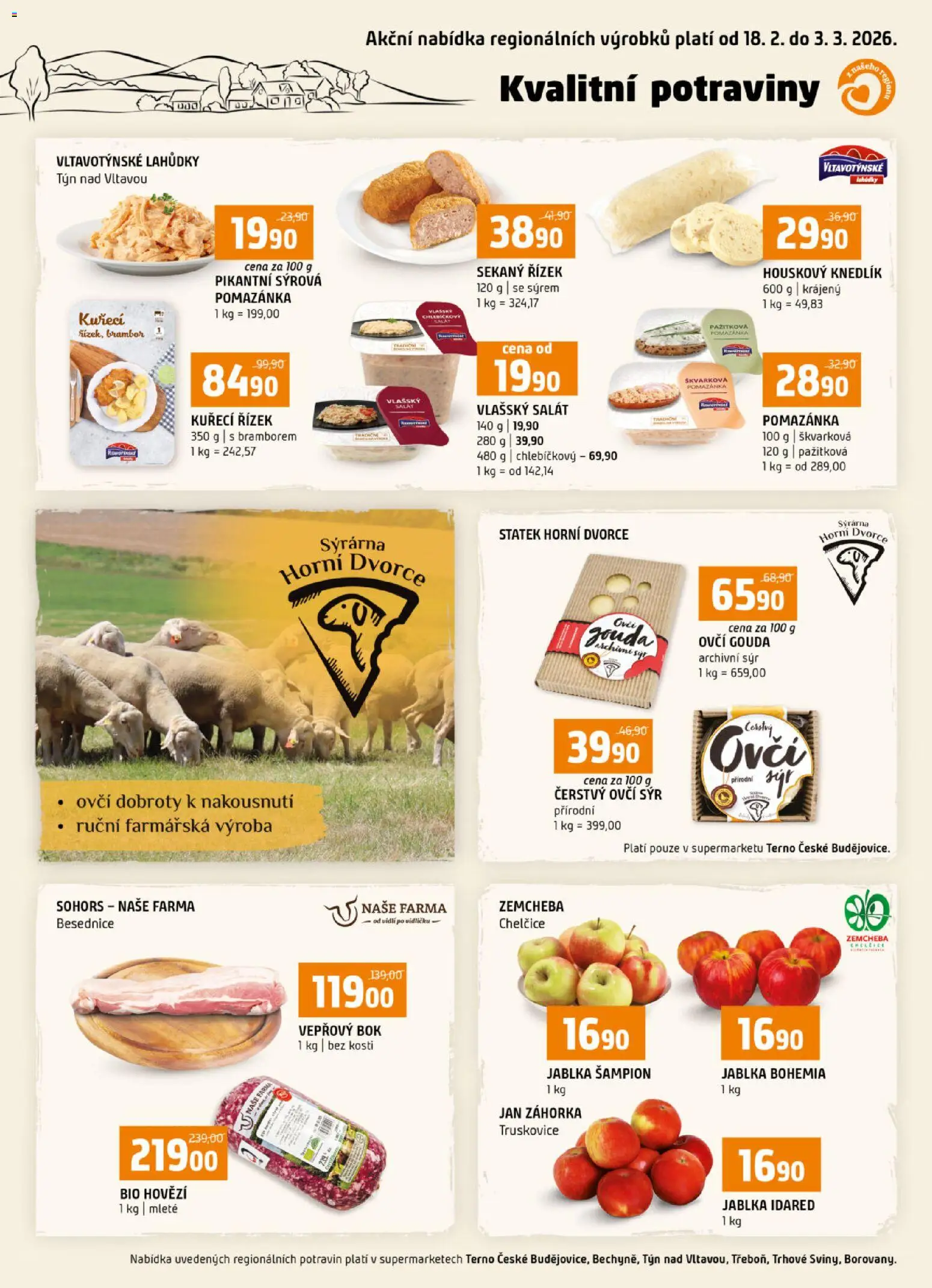 Terno leták - Kvalitní potraviny z našeho regionu od 18.02.2026 | Strana: 1 | Produkty: Gouda, Sýr, Jablka, Potraviny