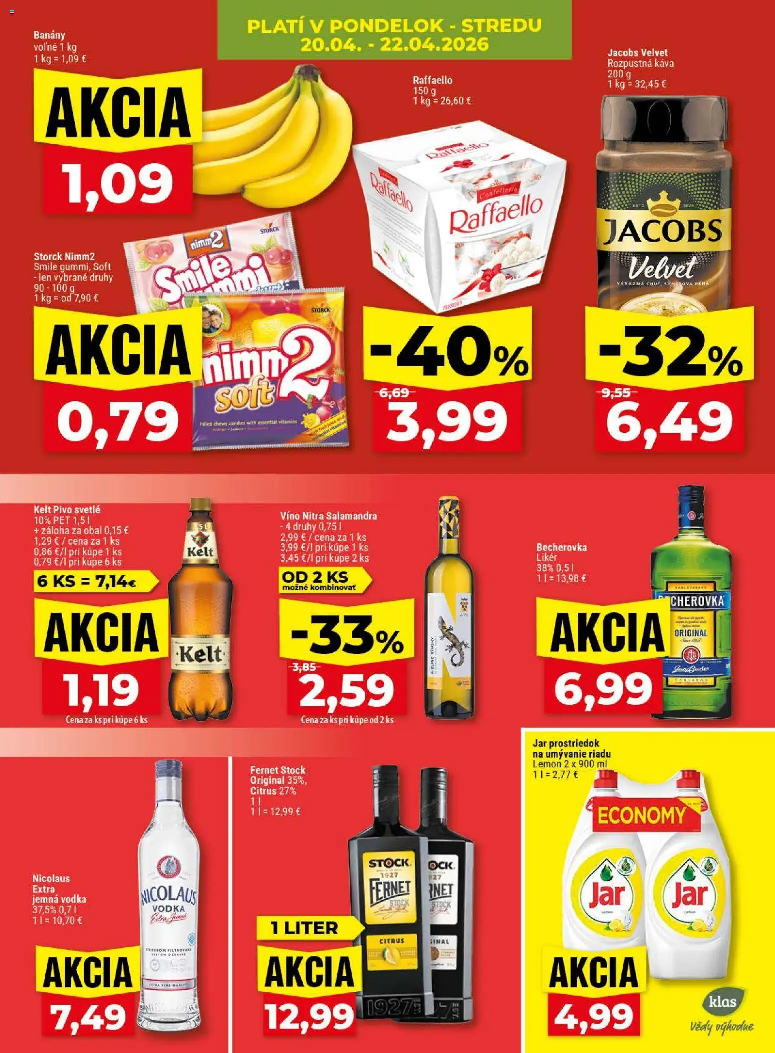 Nové Klas akcie – leták je platný od 20.04.2026 | Strana: 5 | Produkty: Pivo, Kelt, Fernet Stock, Jar