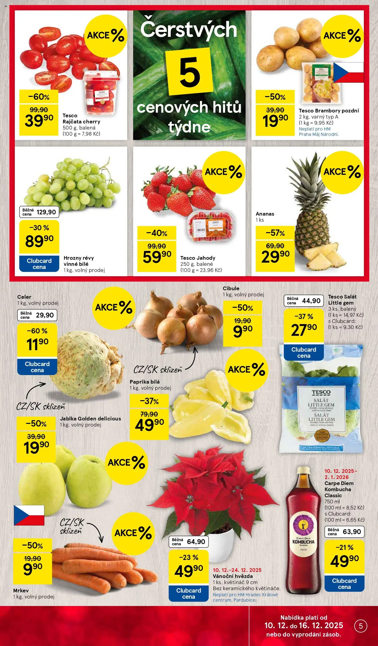 Tesco leták - Hypermarket od 10.12.2025 | Strana: 5 | Produkty: Kombucha, Jahody, Salát, Cibule
