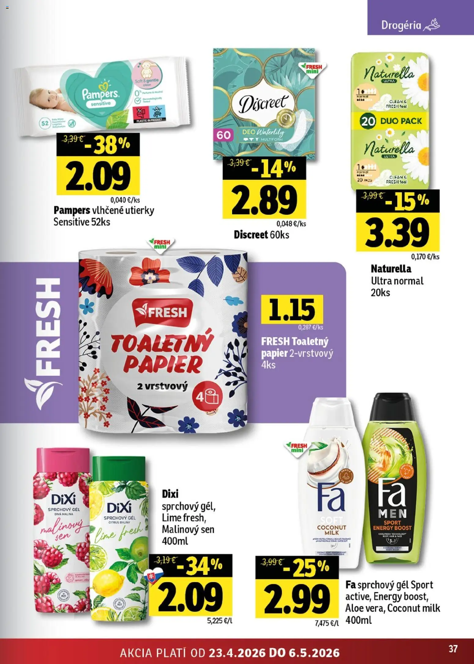 Nové Fresh akcie – leták je platný od 23.04.2026 | Strana: 37 | Produkty: Toaletný papier, Sprchový gél, Pampers