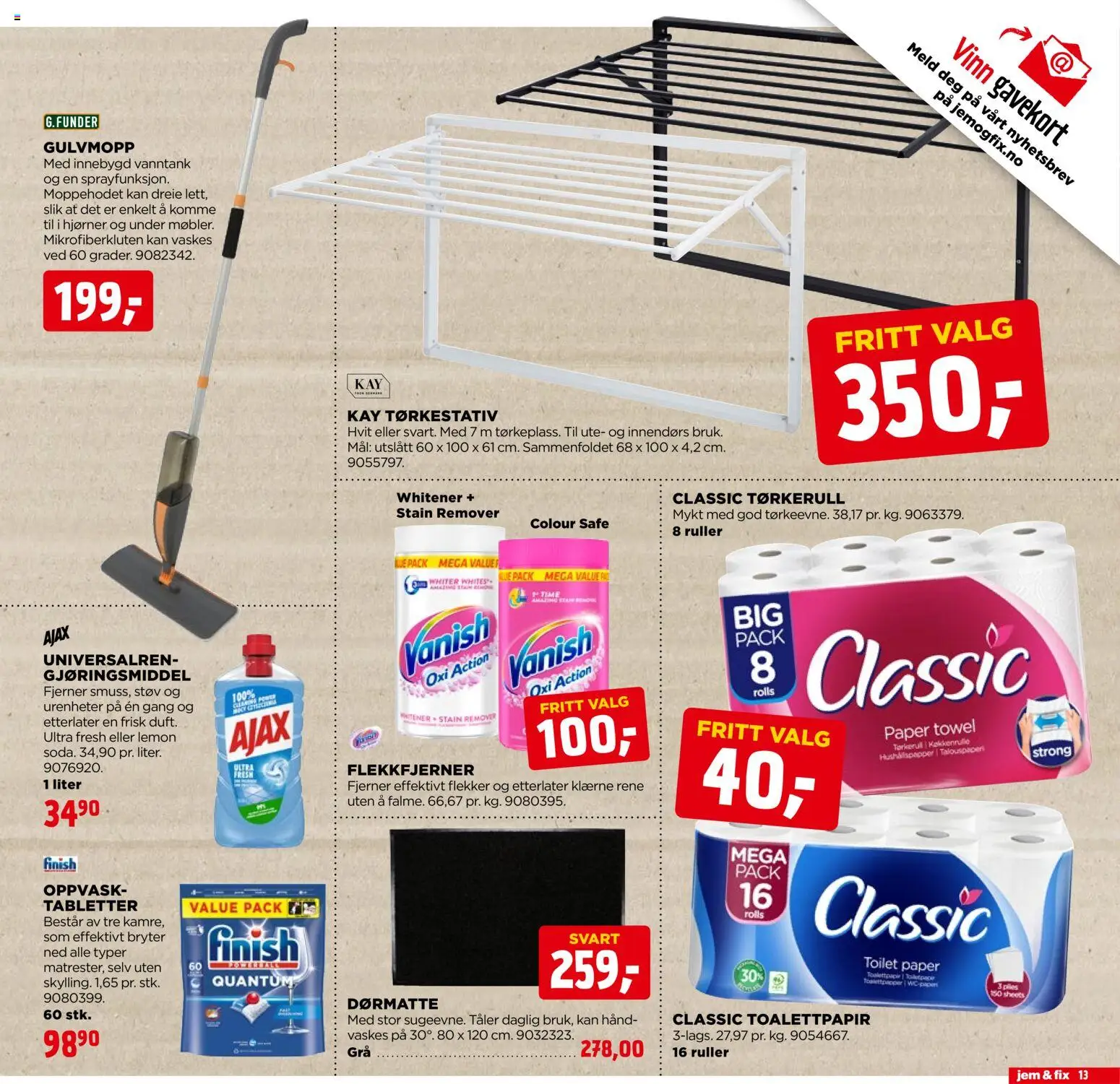 {H1} | Side: 13 | Produkter: Toalettpapir, Суміш дитяча, Dørmatte, Tørkerull