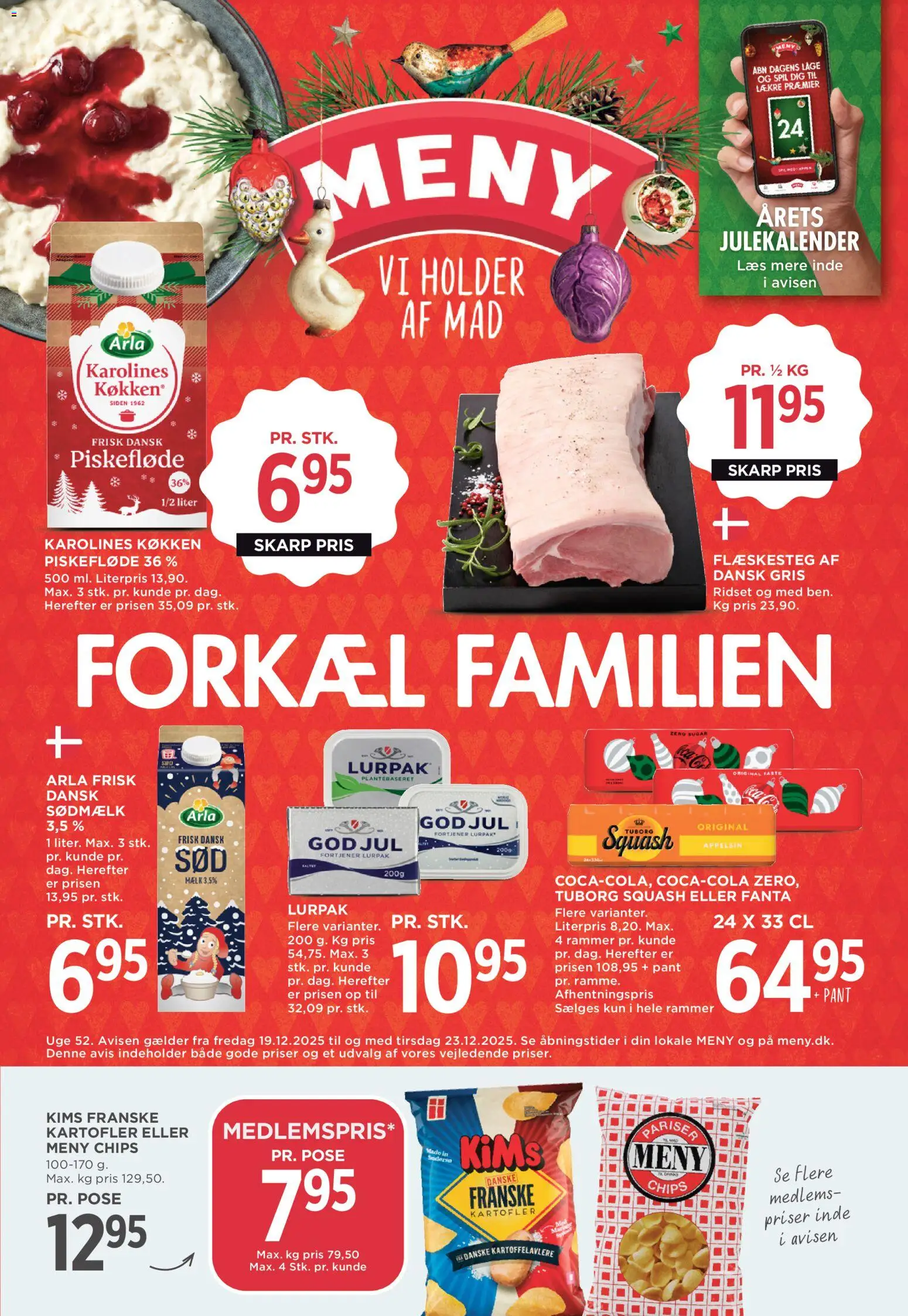Meny tilbudsavis – gyldig fra 19.12.2025 | Side: 1 | Produkter: Chips, Squash, Flæskesteg, Spil