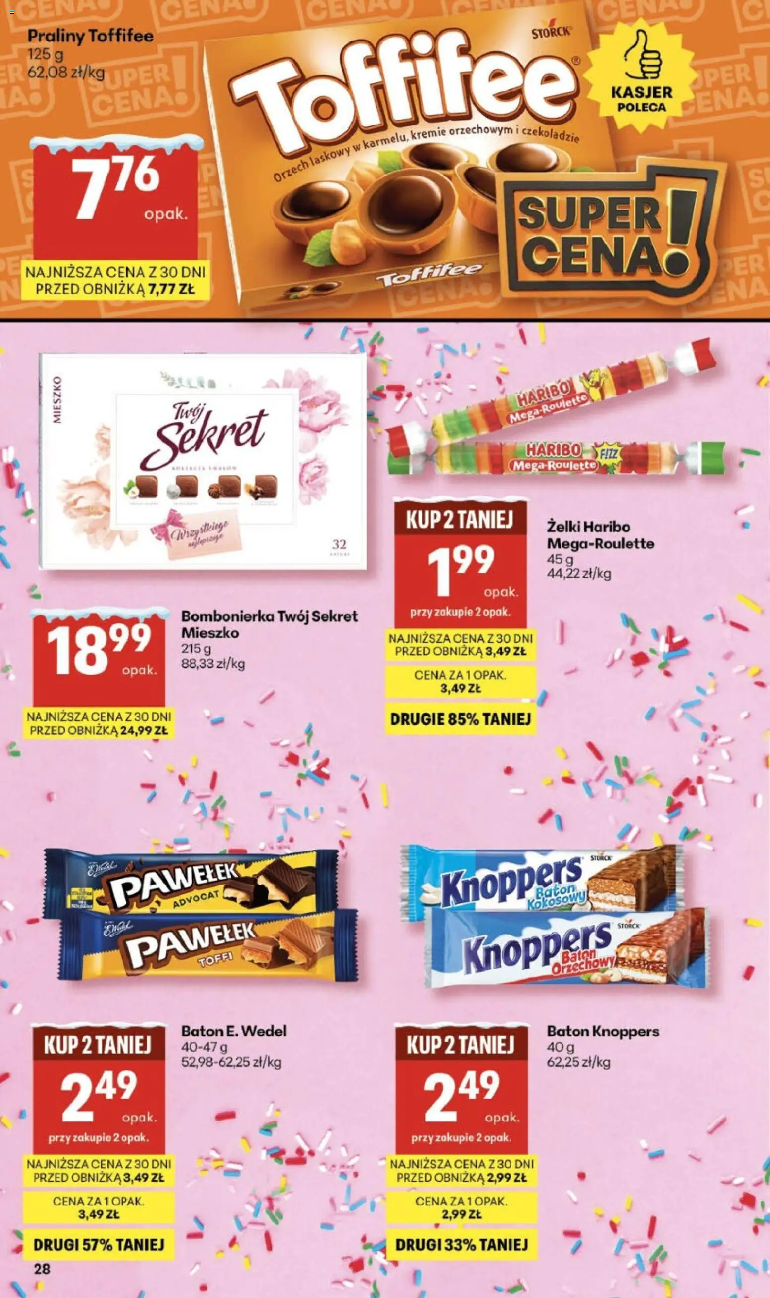Delikatesy Centrum Gazetka - Sklepy Własne od 22.01.2026 | Strona: 28 | Produkty: Żelki haribo, Knoppers, Toffifee, Baton