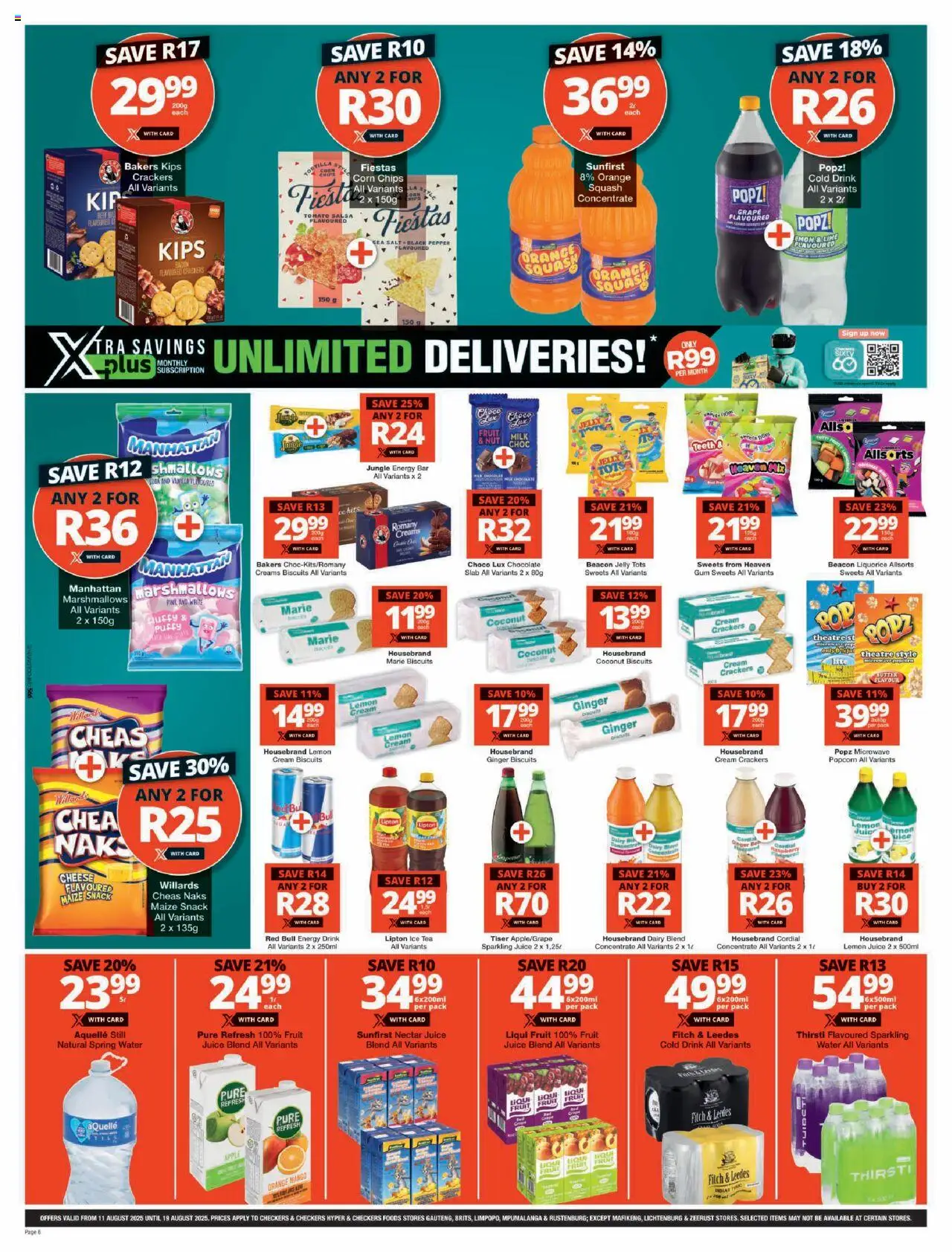 Checkers Gauteng - August Mid-Month Promotion │ valid from 11.08.2025 | Page: 6 | Products: Chocolate, Chips, Water, Lemon