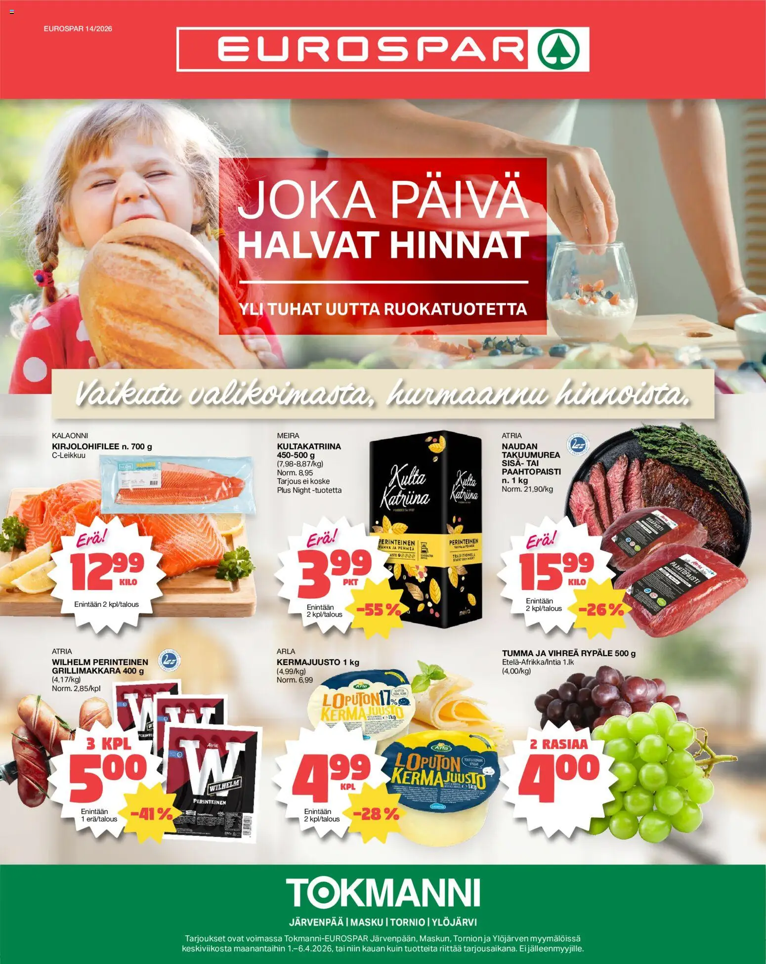 Tokmanni - EUROSPAR – voimassa 01.06.2026 alkaen | Sivu: 1 | Tuotteet: Kermajuusto, Kahvi, Grillimakkara, Kerma