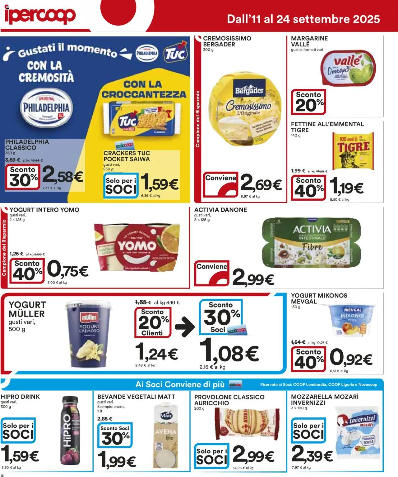 Volantino Ipercoop del 11.09.2025 | Pagina: 18 | Prodotti: Provolone, Yogurt, Mozzarella, Crackers