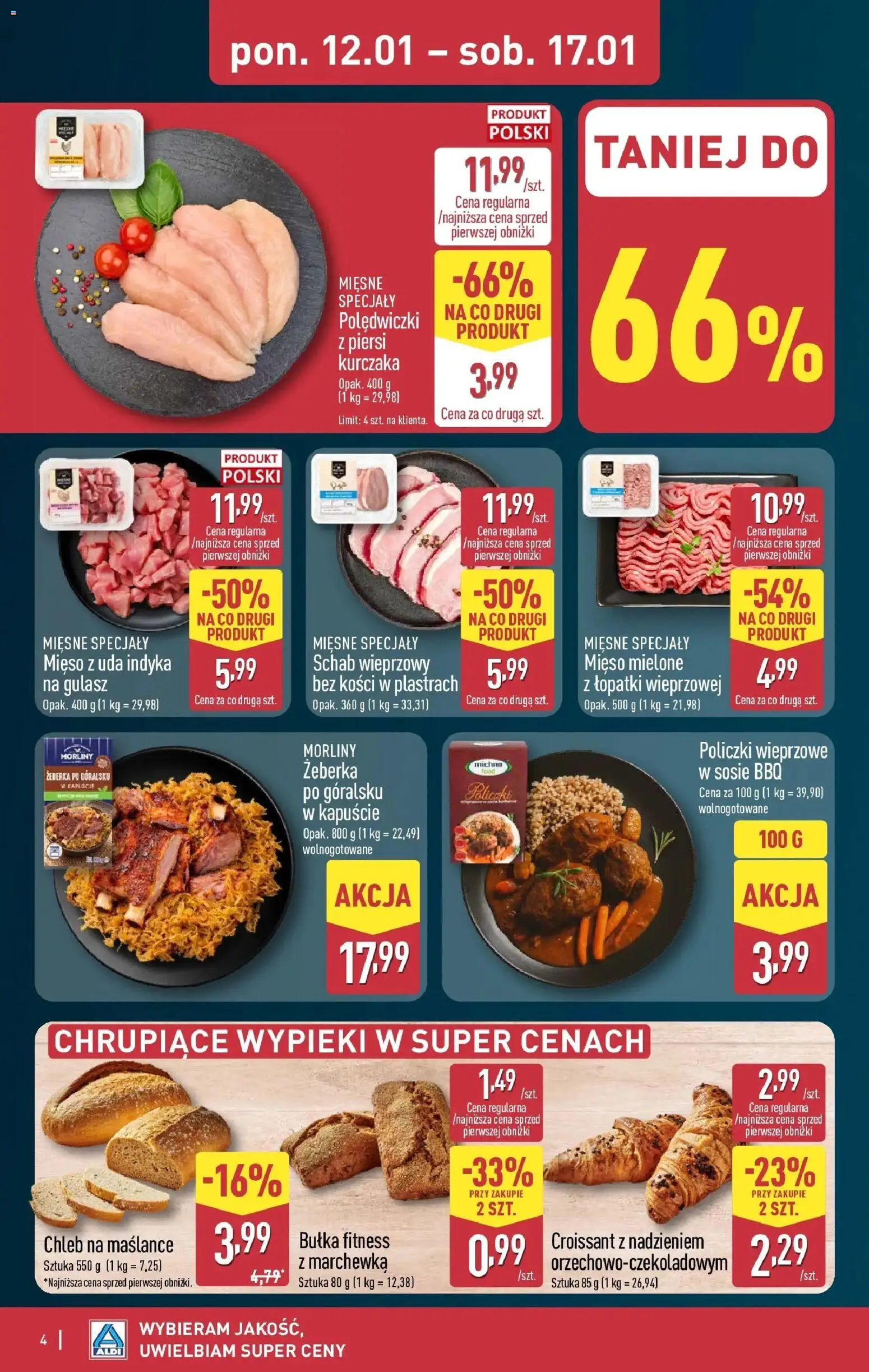Aldi Gazetka od 12.01.2026 | Strona: 4 | Produkty: Schab wieprzowy bez kości, Chleb na maślance, Bułka fitness, Chleb