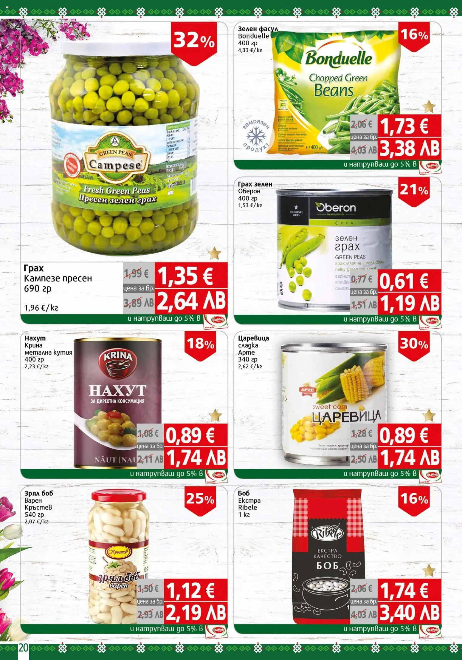 {H1} | Страница: 20 | Продукти: Грах, Боб, Царевица, Кутия