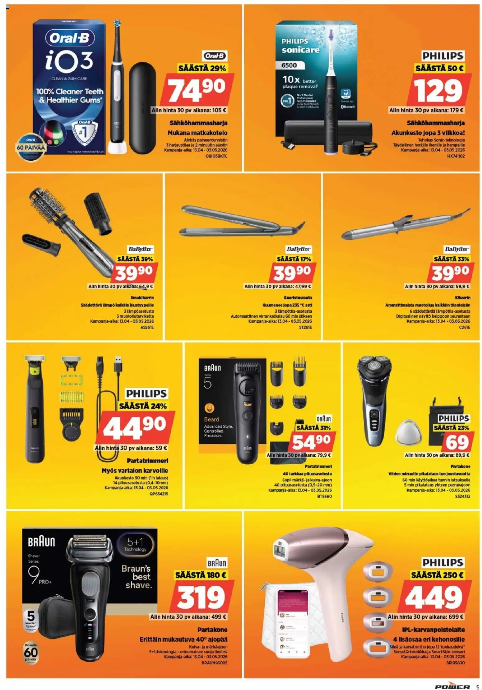 Power tarjoukset – voimassa 20.04.2026 alkaen | Sivu: 5 | Tuotteet: Kiharrin, Sähköhammasharja, Partakone, Näyttö