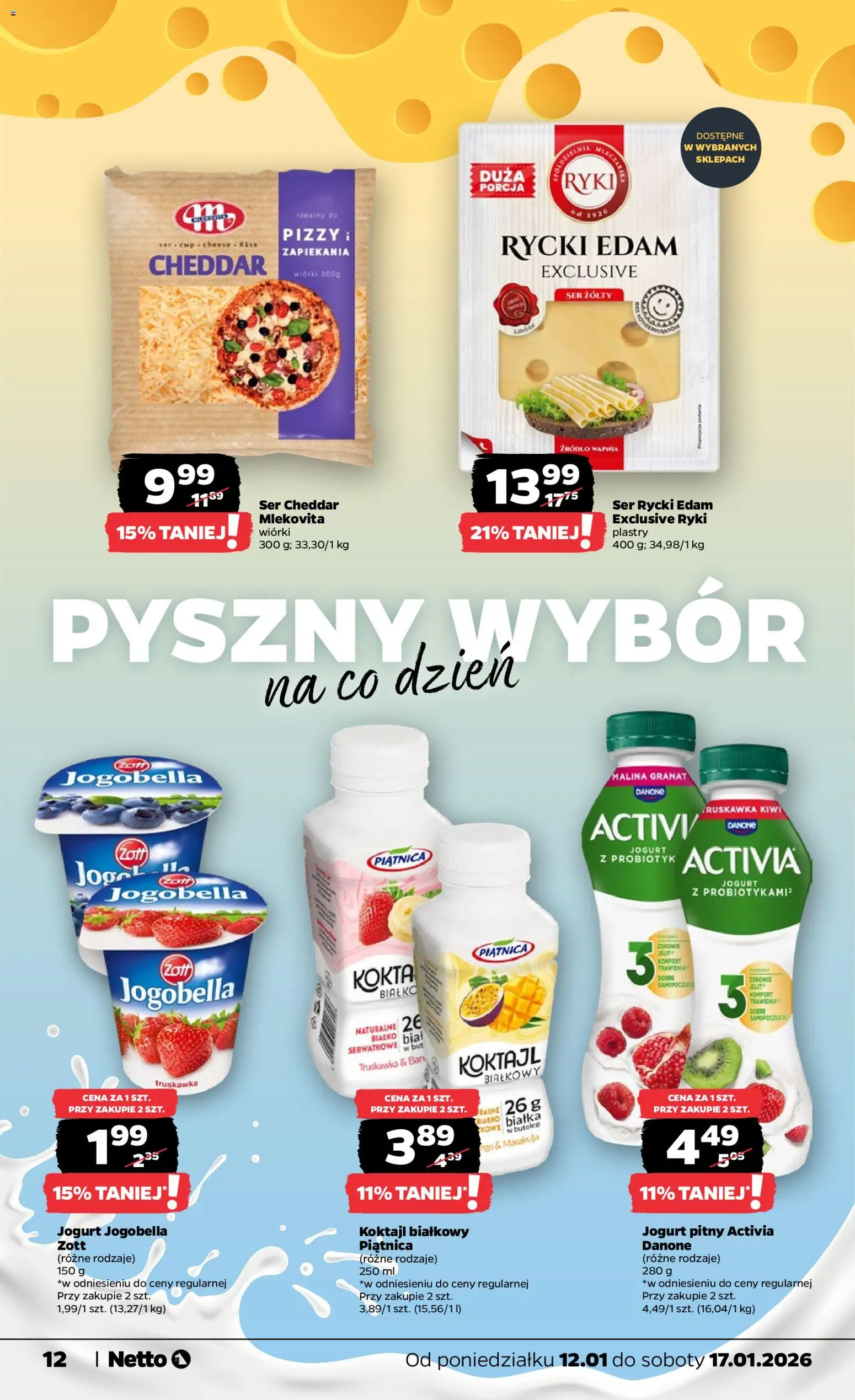 Netto gazetka - Spożywcza od 12.01.2026 | Strona: 12 | Produkty: Ser żółty, Malina, Jogurt, Ser cheddar
