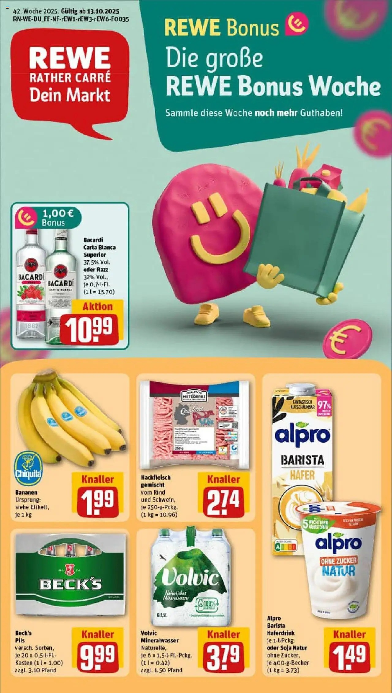 Rewe prospekt Düsseldorf	 – gültig ab 13.10.2025 | Seite: 1 | Produkte: Rum, Bananen, Mineralwasser, Volvic