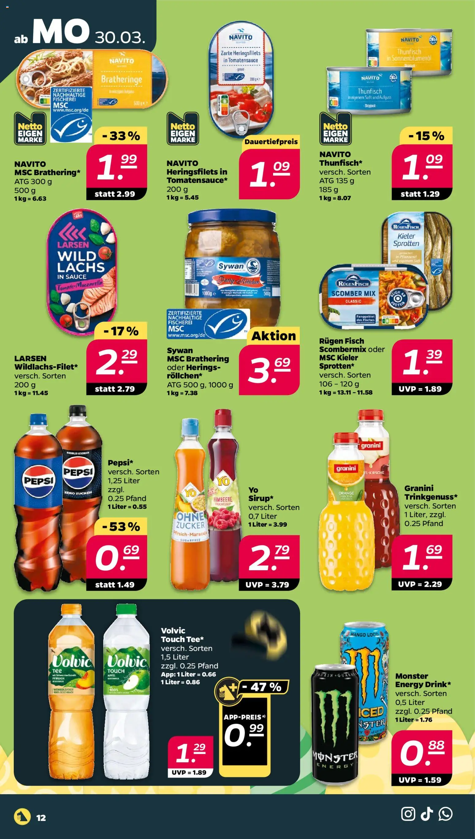 Netto Prospekt 	 – gültig ab 30.03.2026 | Seite: 12 | Produkte: Thunfisch, Sonnenblumenol, Himbeere, Volvic