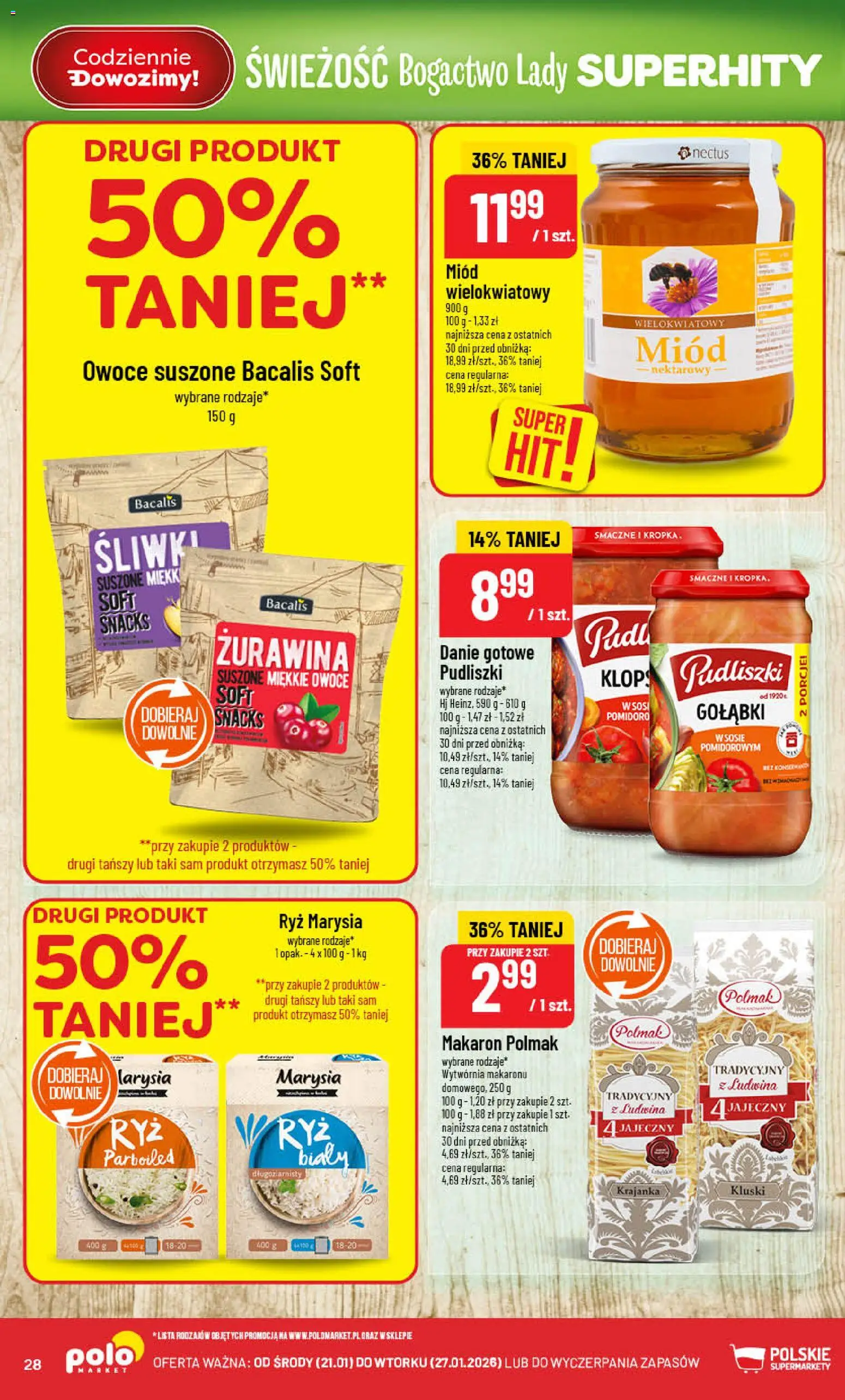 POLOmarket Gazetka od 21.01.2026 | Strona: 28 | Produkty: Miód, Ryż, Makaron, Owoce