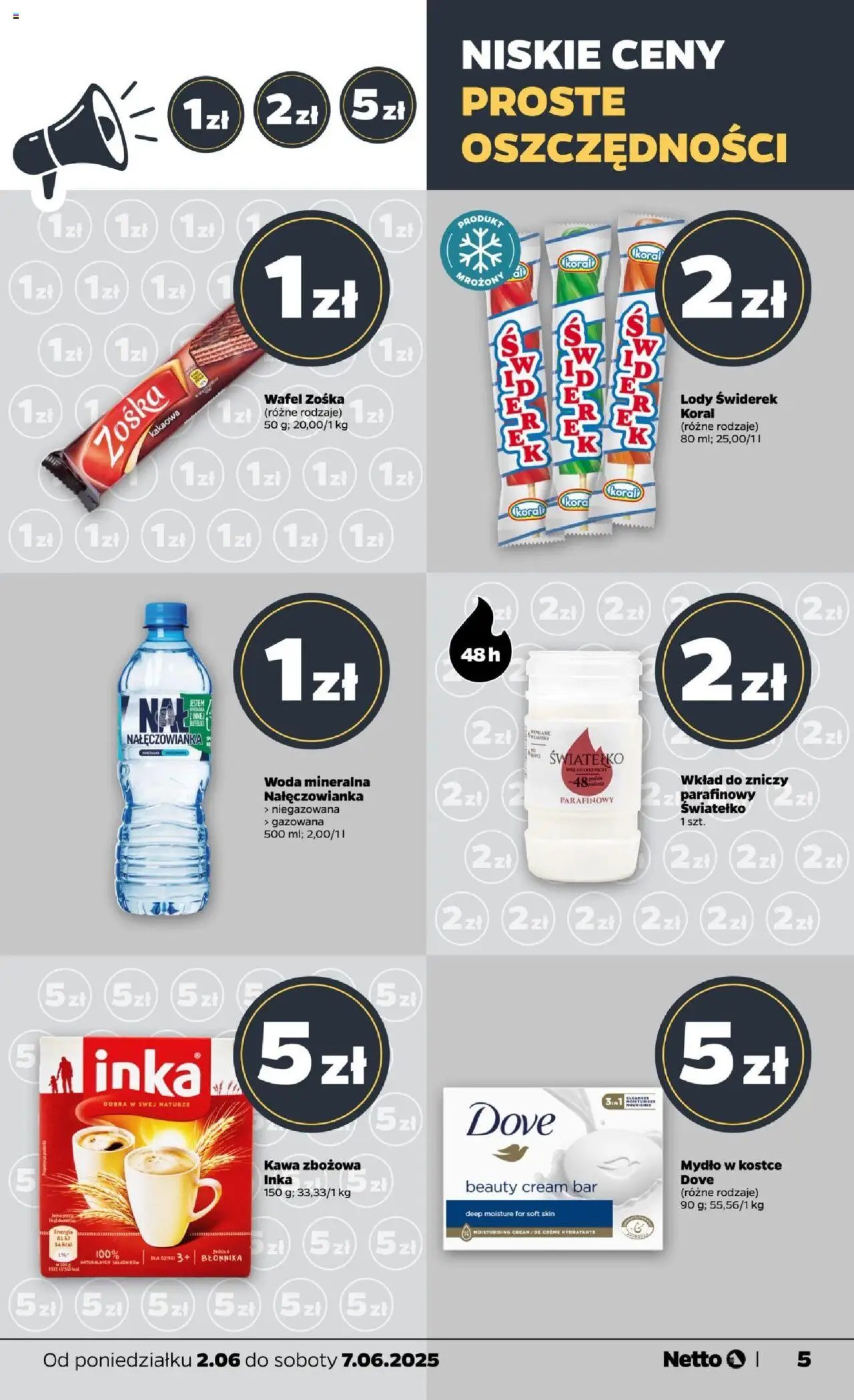 Netto gazetka - Spożywcza od 02.06.2025 | Strona: 5 | Produkty: Woda mineralna Nałęczowianka, Kawa, Lody, Woda