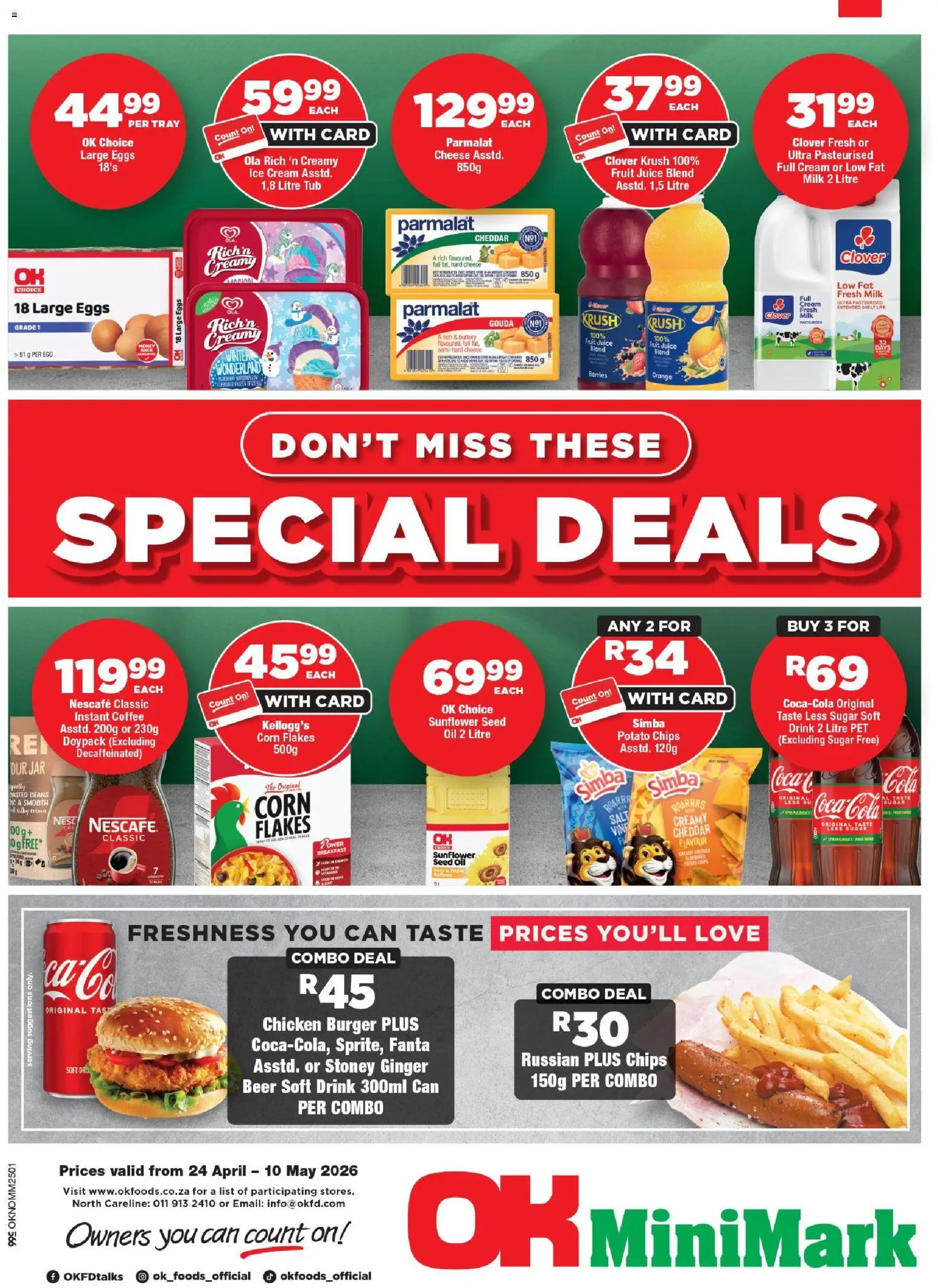 New OK Foods catalogue – valid from 24.04.2026 | Page: 1 | Products: Cheese, Oil, Juice, Beer