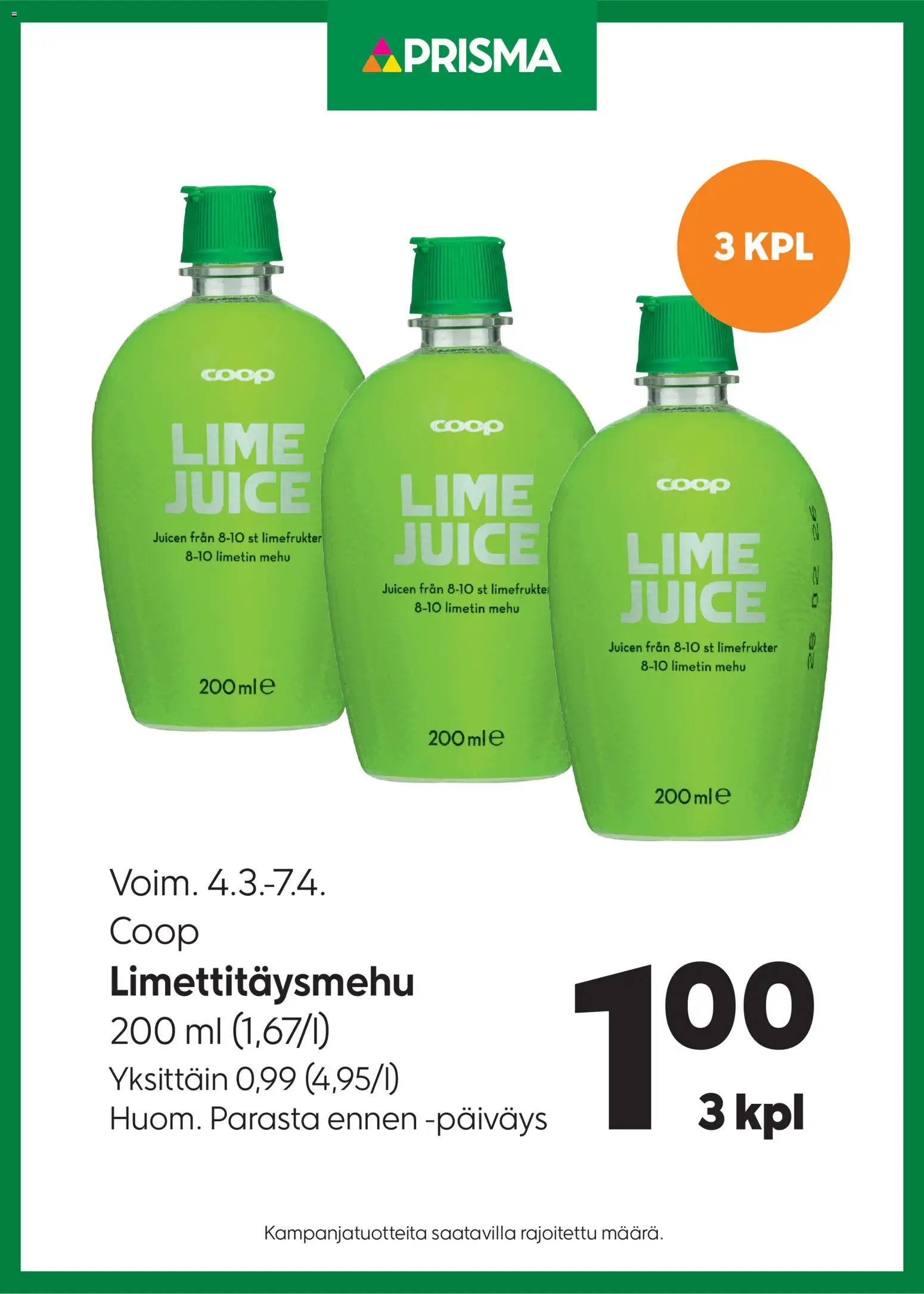 Prisma tarjoukset Limettitäysmehu – voimassa 04.03.2026 alkaen | Sivu: 1 | Tuotteet: Mehu