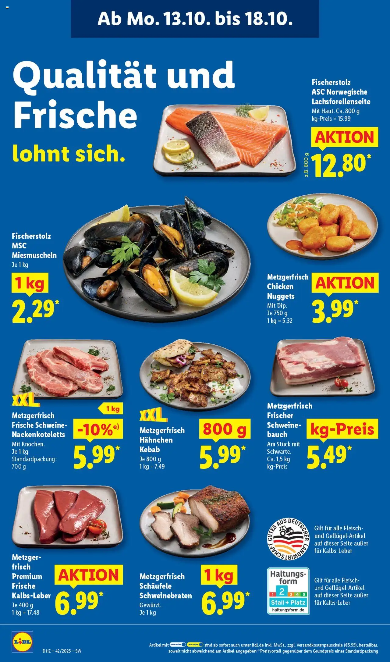 Lidl Prospekt Kornwestheim – gültig ab 13.10.2025 | Seite: 8 | Produkte: Hahnchen, Kalbsleber, Fleisch