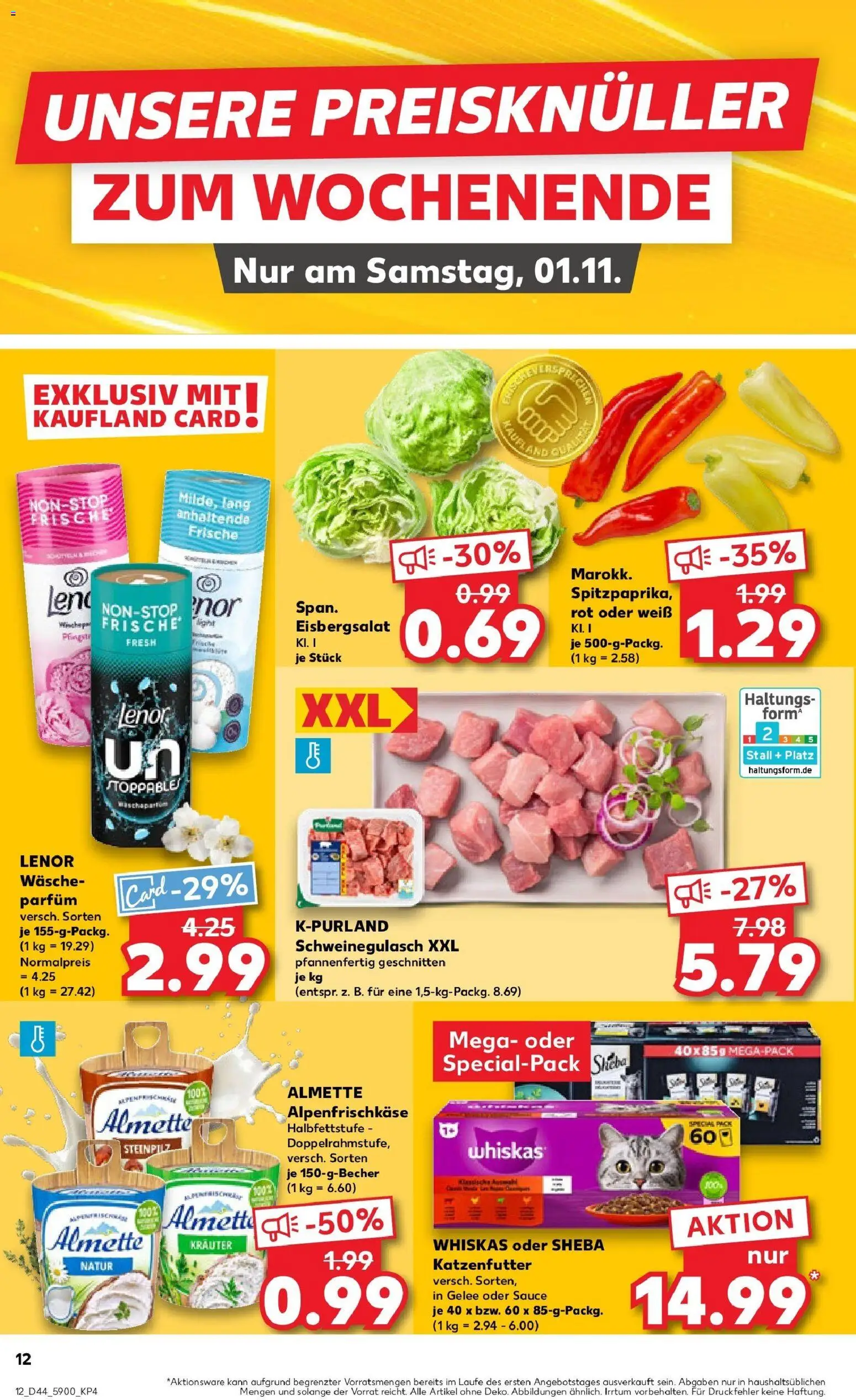 Kaufland prospekt Wittenberge	 – gültig ab 30.10.2025 | Seite: 12 | Produkte: Schweinegulasch, Sheba, Parfüm, Eisbergsalat