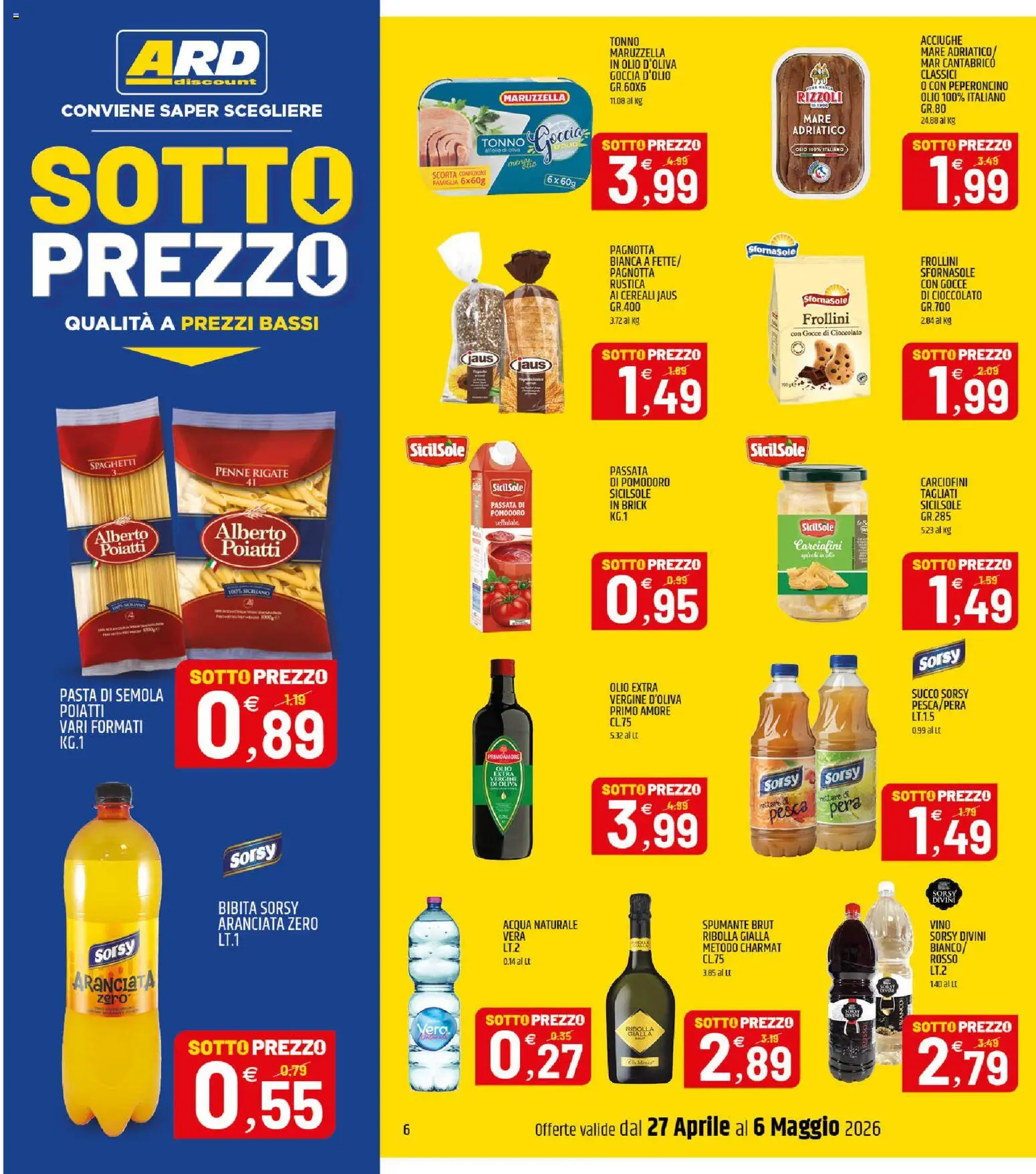 Volantino ARD Discount del 27.04.2026 | Pagina: 6 | Prodotti: Vino, Pasta, Acqua naturale, Tonno