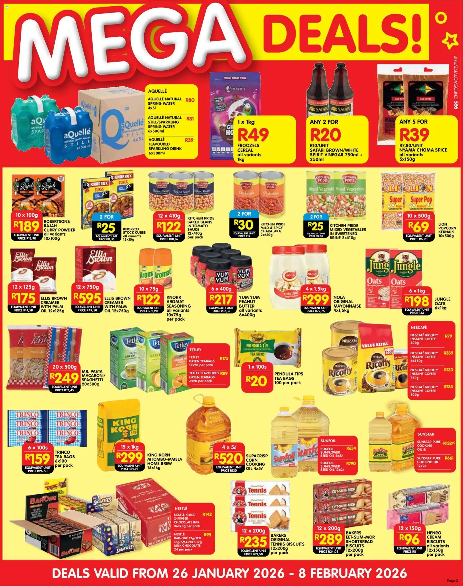 New Shoprite catalogue – valid from 26.01.2026 | Page: 3 | Products: Baked beans, Powder, Tea, Stock