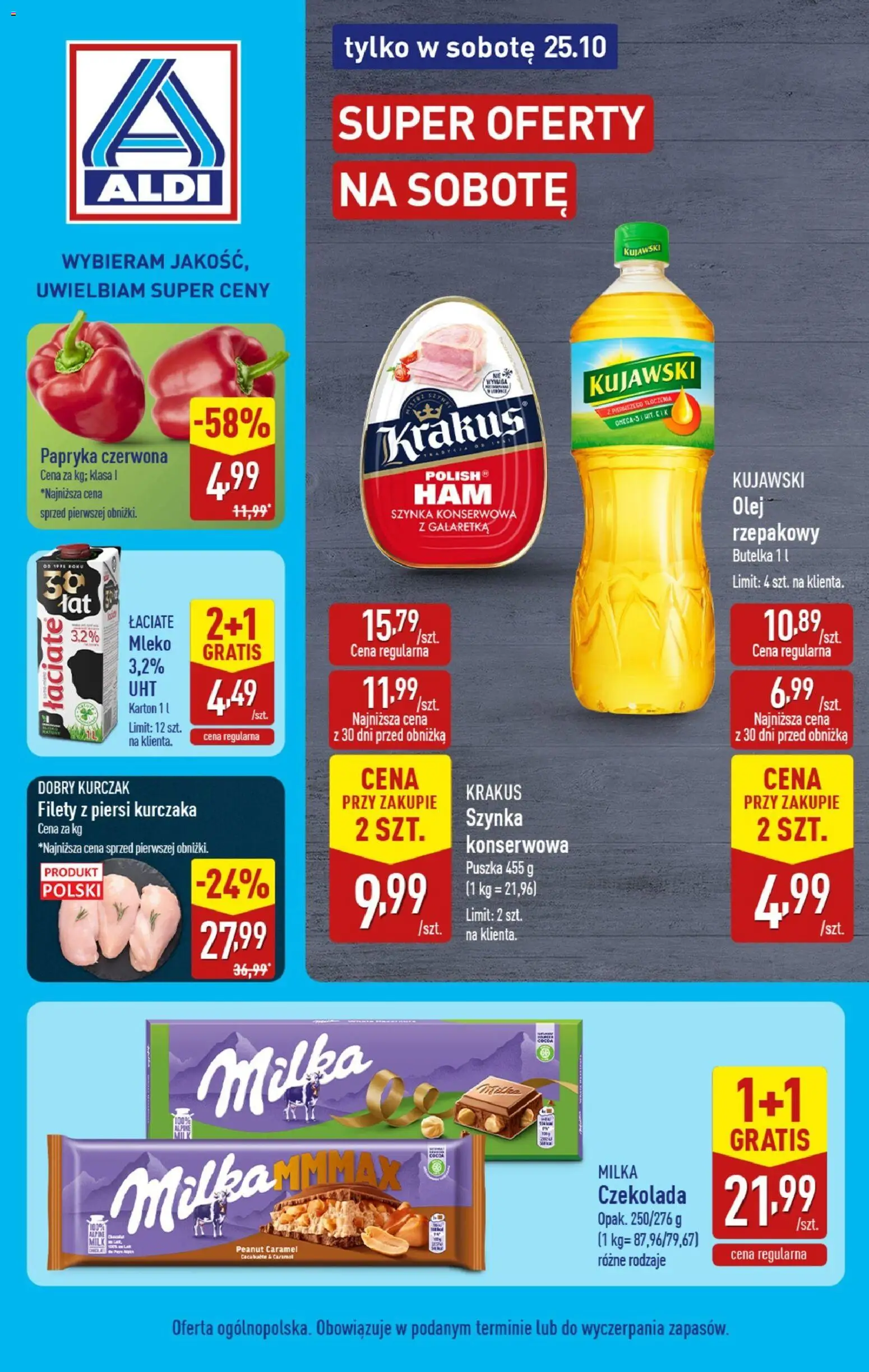 Aldi Gazetka - Tylko w sobotę od 25.10.2025 | Strona: 1 | Produkty: Kurczak, Szynka, Milka, Papryka czerwona