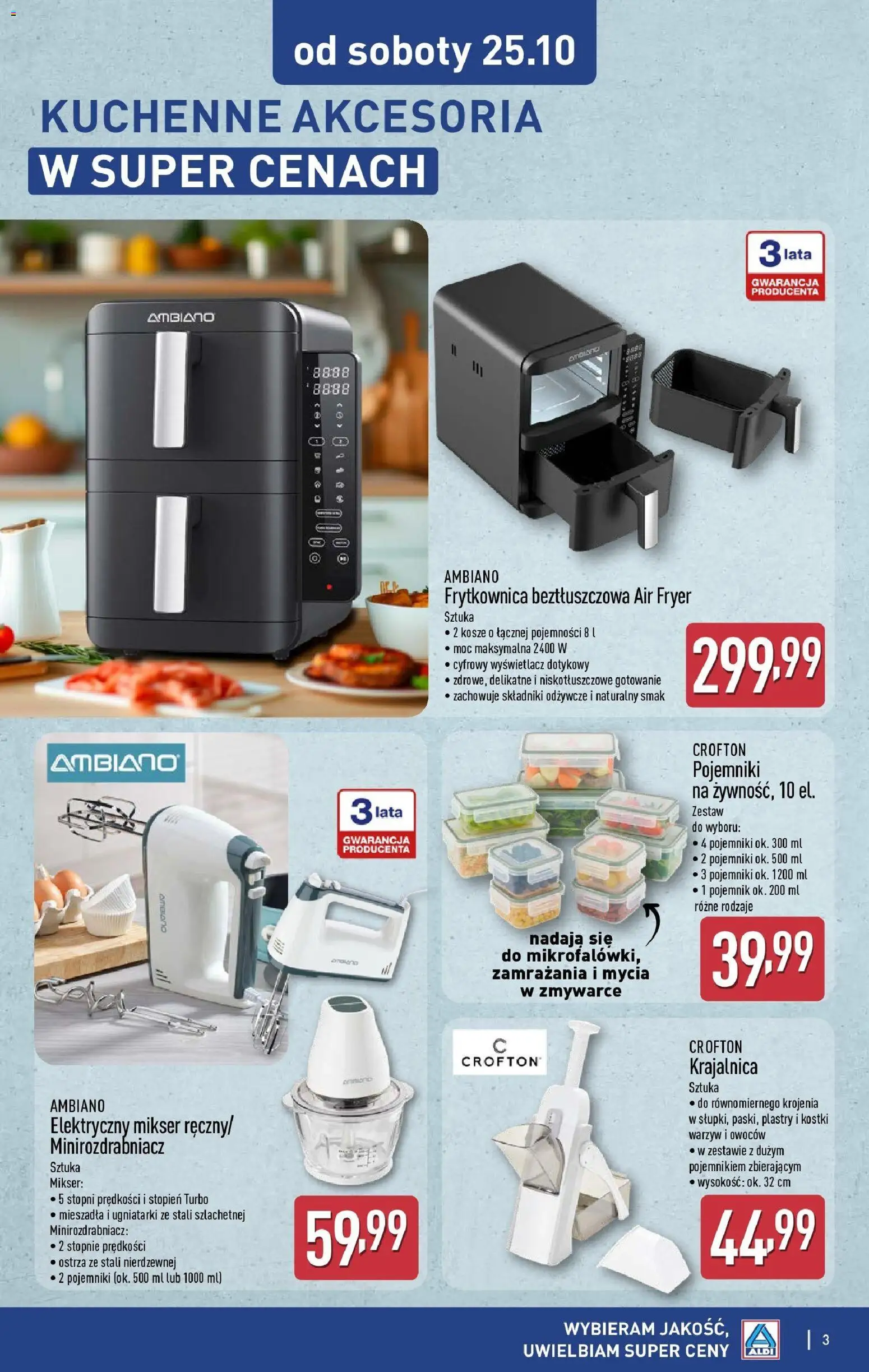Aldi Gazetka - Od soboty od 25.10.2025 | Strona: 3 | Produkty: Krajalnica, Mikser, Frytkownica, Frytkownica beztłuszczowa