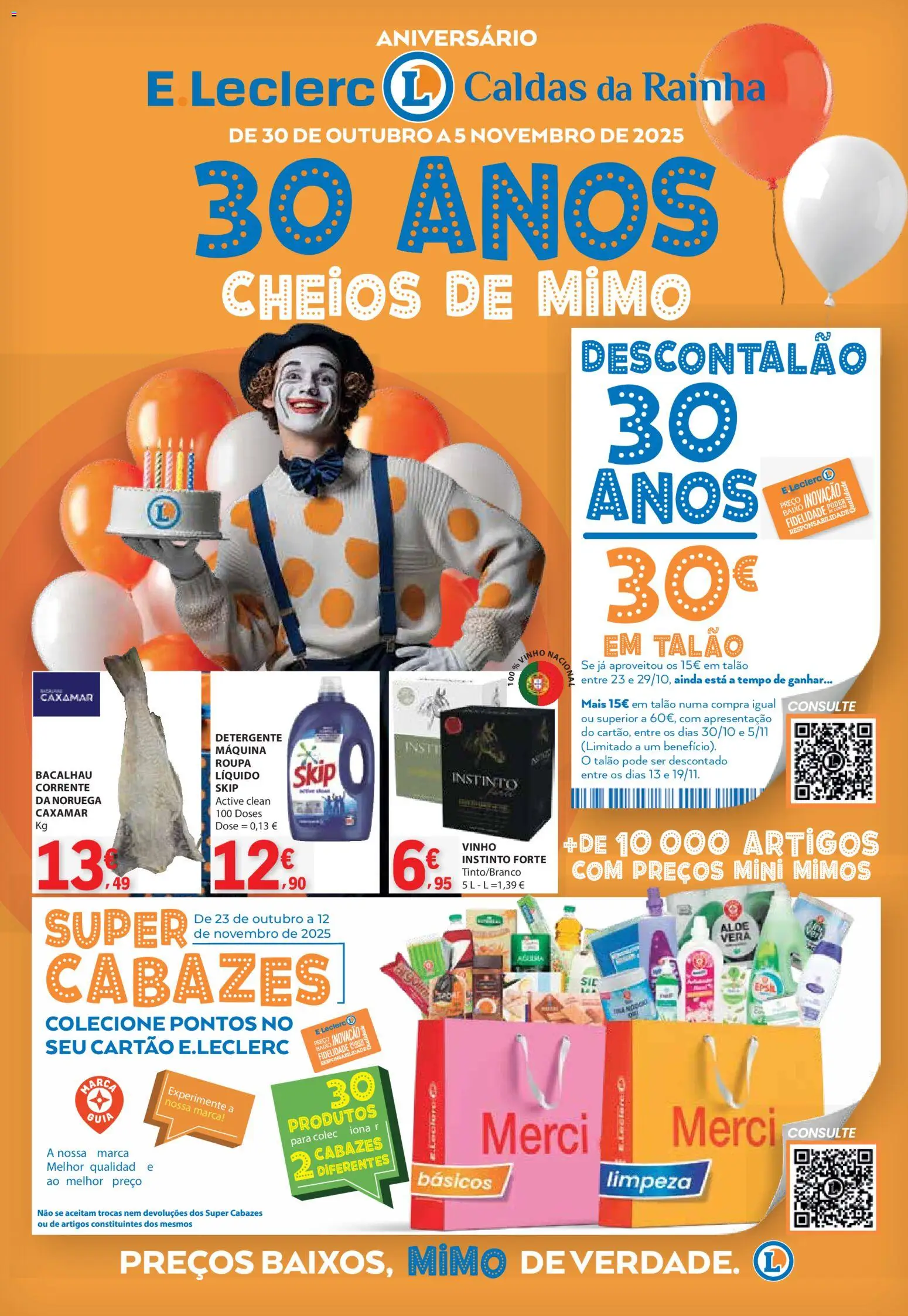 E.Leclerc folheto Aniversário Caldas da Rainha │ válido de 30.10.2025 | Página: 1 | Produtos: Bacalhau, Detergente, Vinho