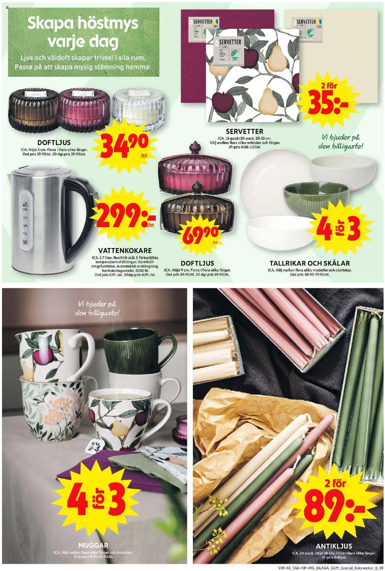 ICA Maxi reklamblad aktuell från 22.09.2025 | Sida: 29 | Produkter: Vattenkokare, Ljus, Servetter