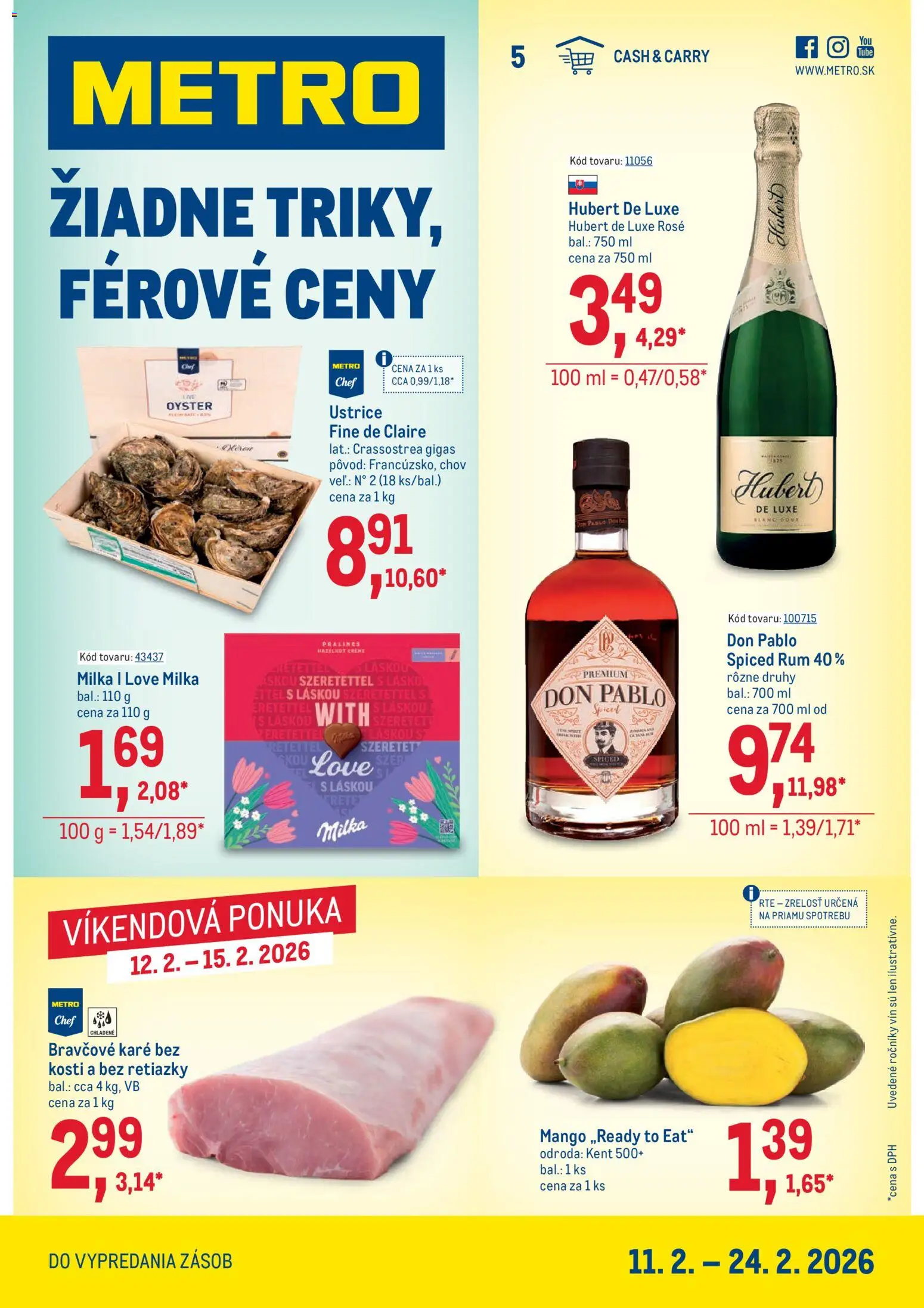 Nové Metro akcie – leták je platný od 11.02.2026 | Strana: 1 | Produkty: Milka, Mango, Rum, Bravčové karé