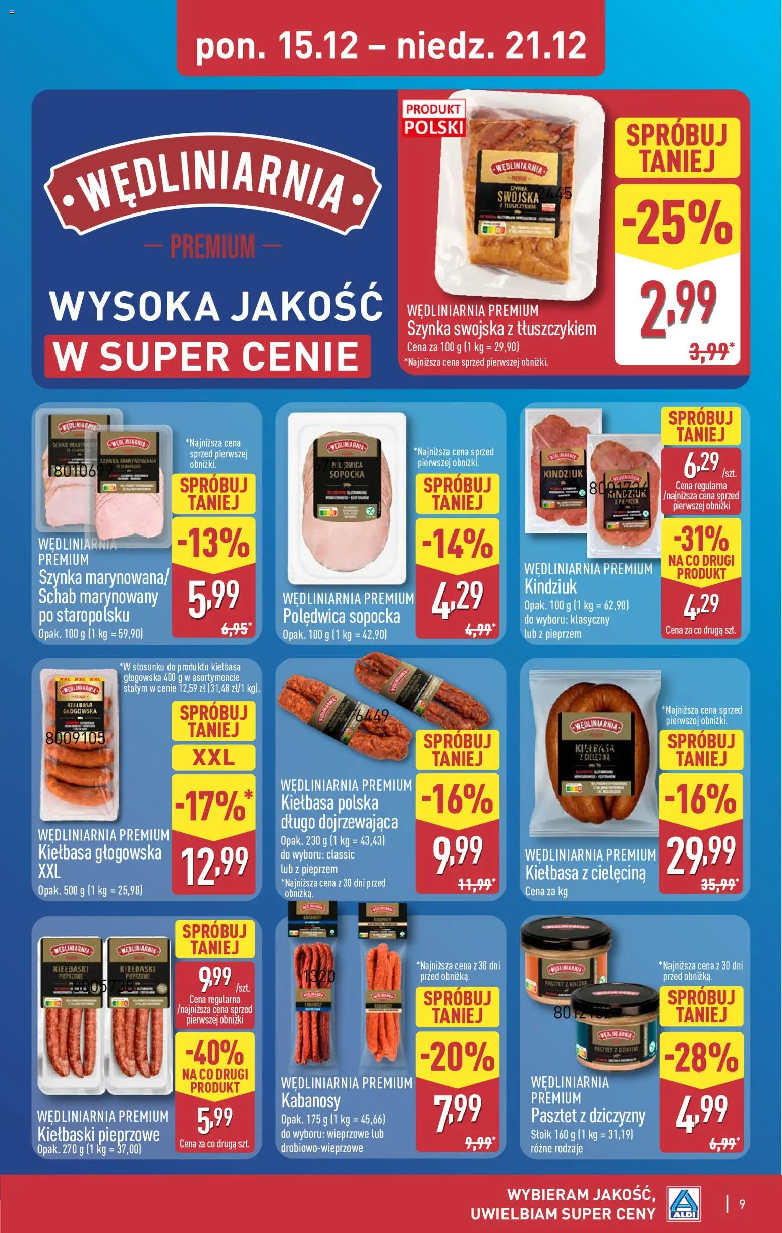 Aldi Gazetka od 15.12.2025 | Strona: 9 | Produkty: Schab, Kabanosy, Kiełbaski, Szynka