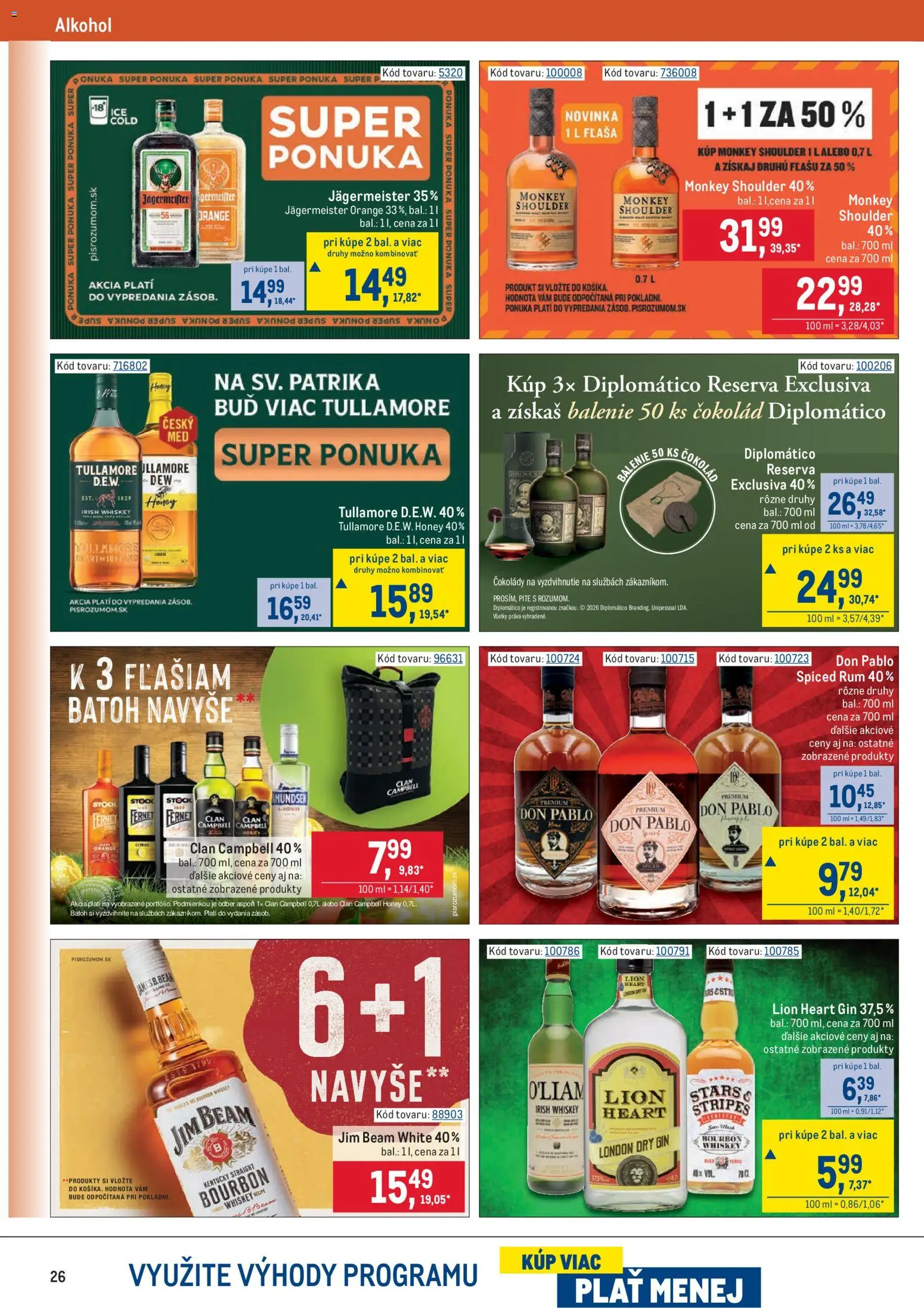 Nové Metro akcie – leták je platný od 25.02.2026 | Strana: 26 | Produkty: Diplomatico, Jim Beam, Bourbon, Fernet