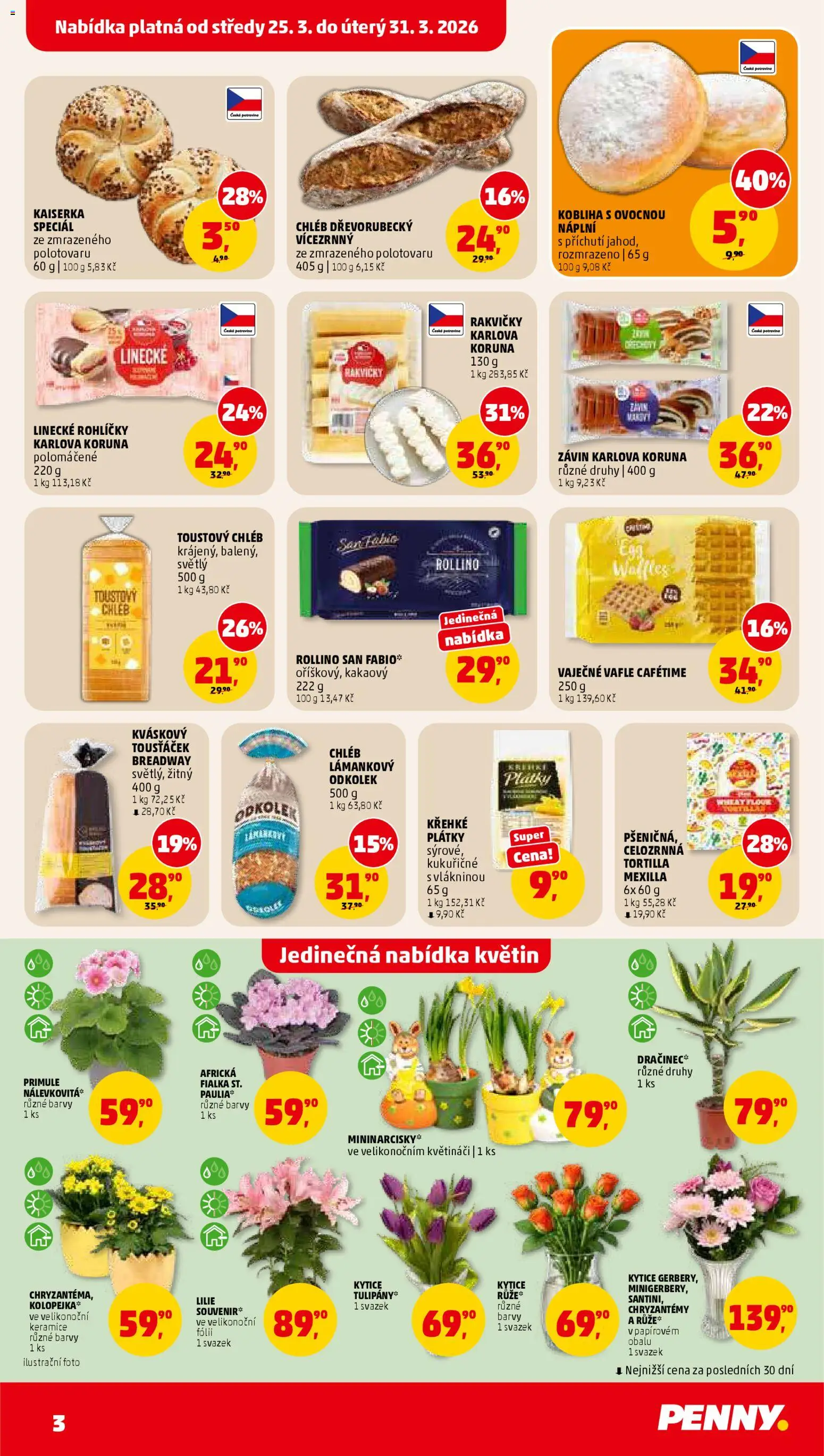 Penny Market leták od 25.03.2026 | Strana: 3 | Produkty: Linecké rohlíčky, Tortilla, Kytice, Barvy