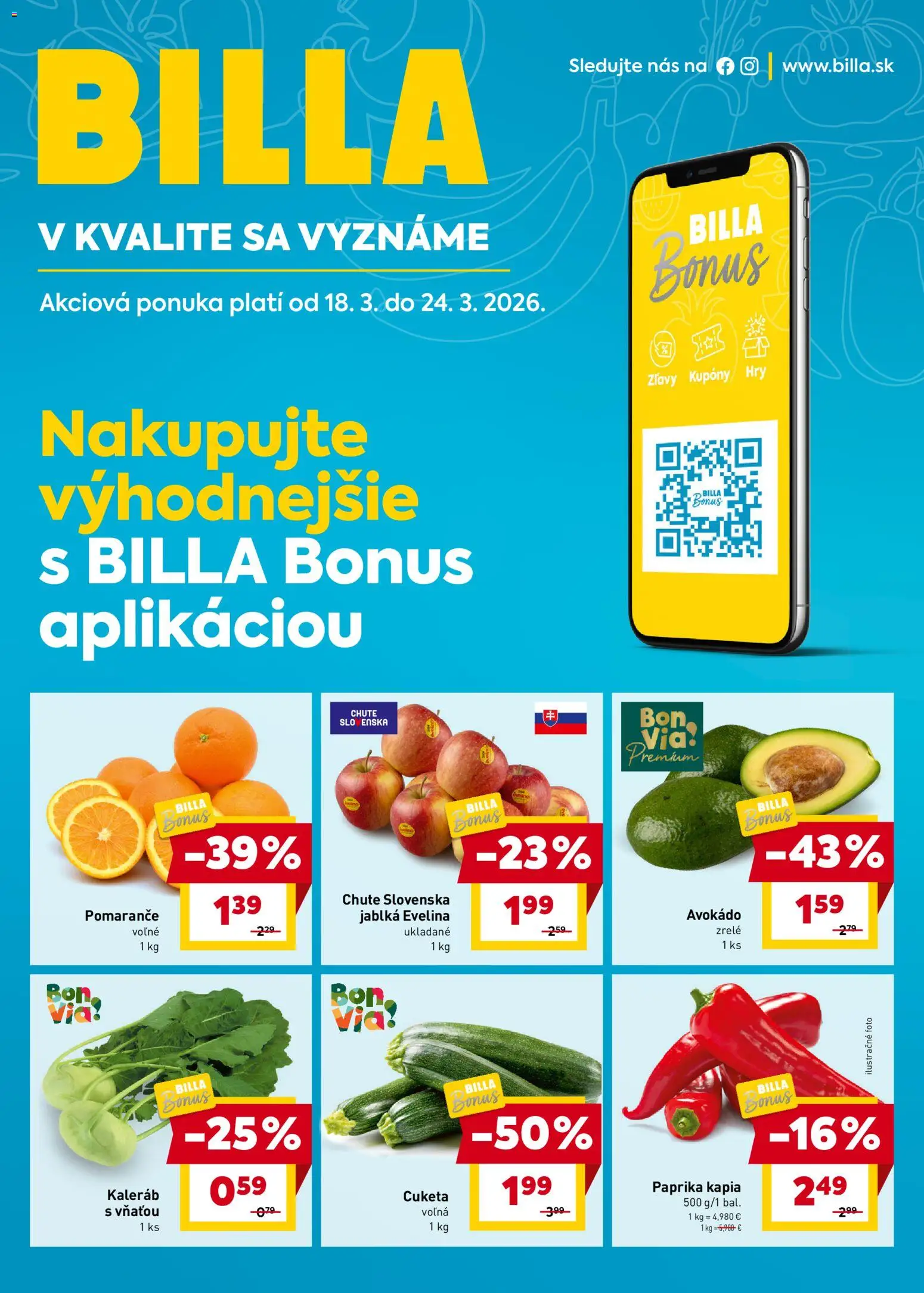 Nové Billa akcie – leták je platný od 18.03.2026 | Strana: 1 | Produkty: Jablká, Pomaranče, Avokádo, Kápia