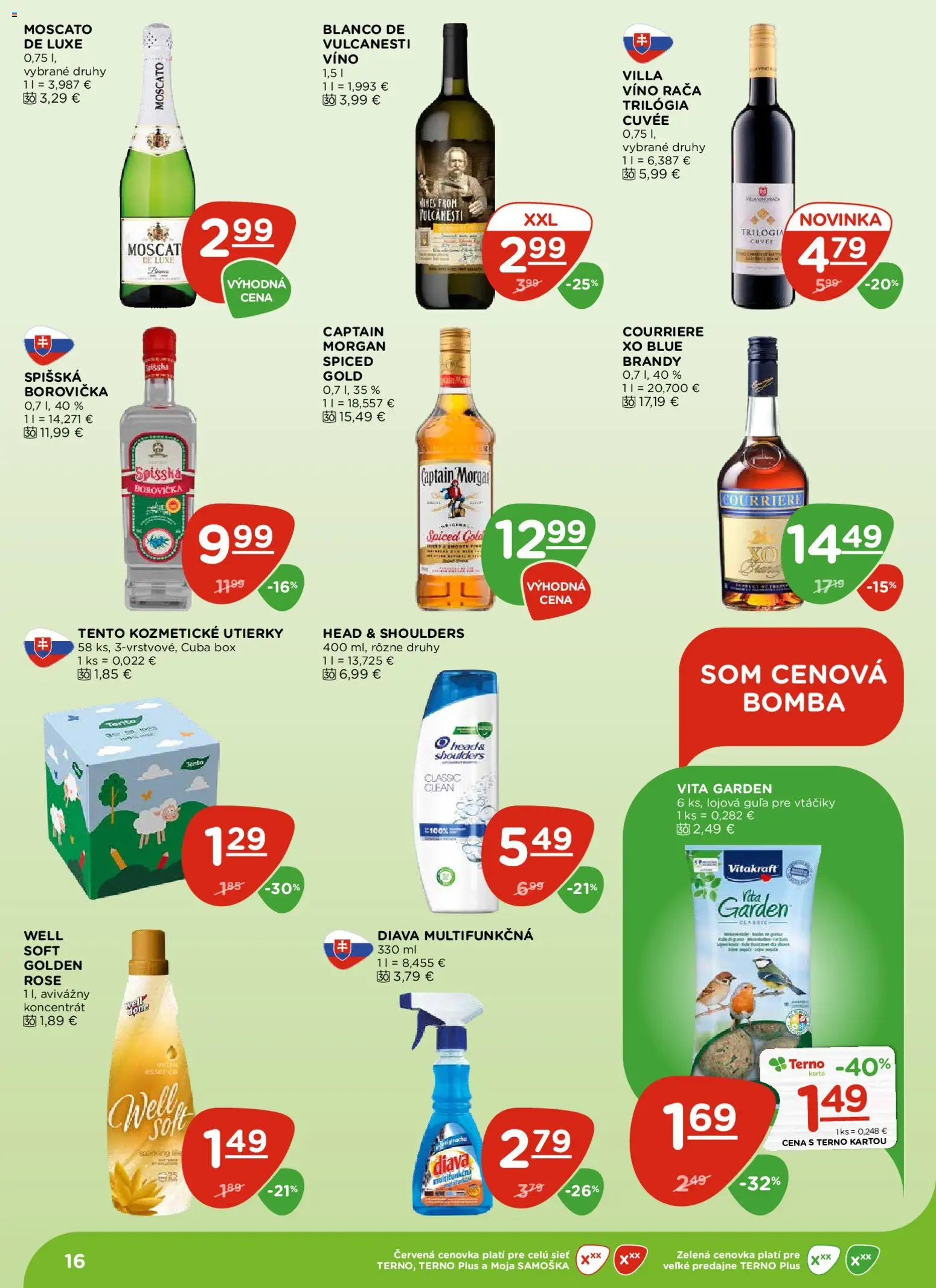 Nové Terno akcie – leták je platný od 30.10.2025 | Strana: 16 | Produkty: Víno, Borovička, Captain Morgan, Brandy
