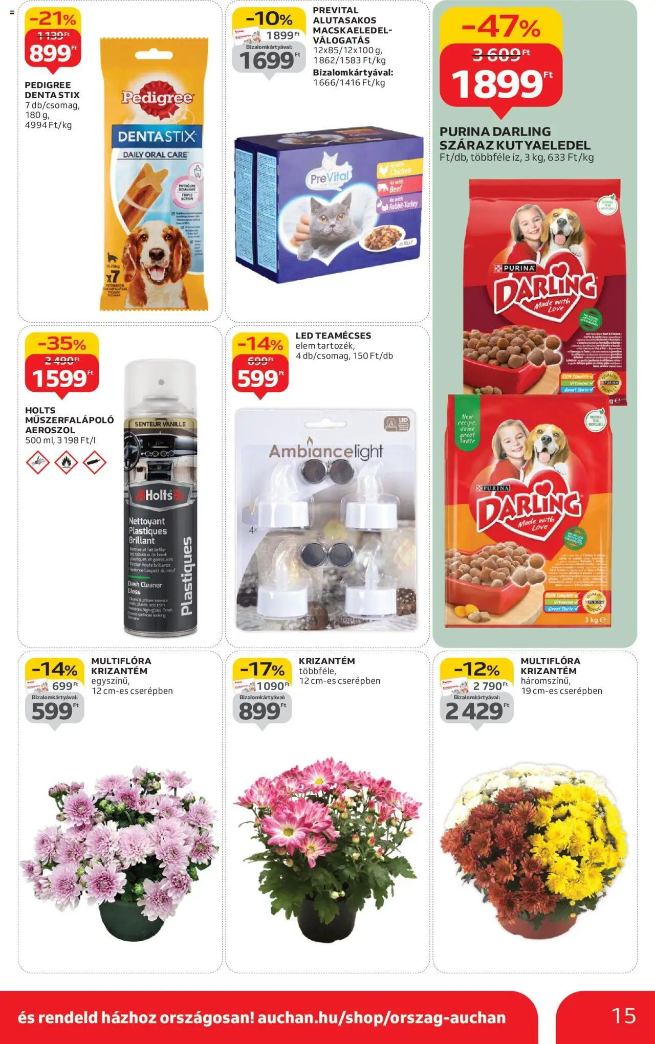Auchan akciós ujság - amely érvényes a következő dátumtól: 11.09.2025 | Oldal: 15 | Termékek: Macskaeledel, Kutyaeledel, Teamécses