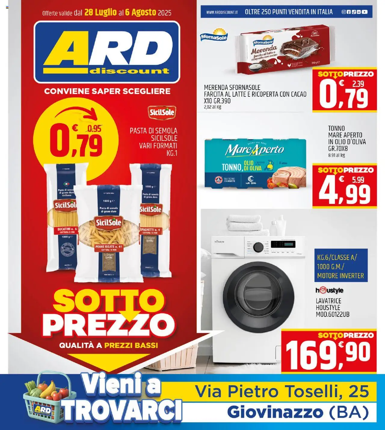 Volantino ARD Discount del 28.07.2025 | Pagina: 1 | Prodotti: Latte, Olio, Lavatrice, Tonno