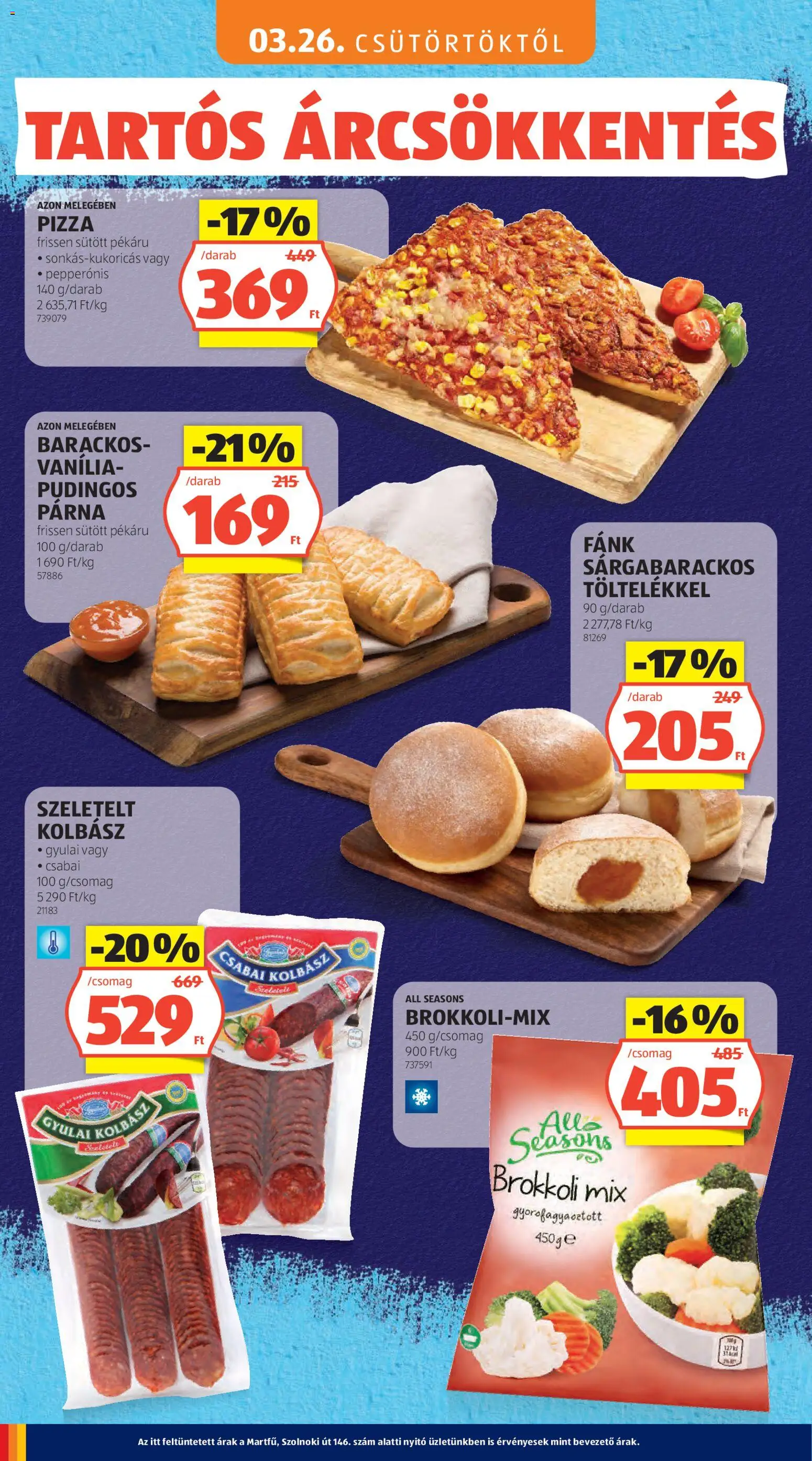 Aldi akciós ujság - amely érvényes a következő dátumtól: 16.04.2026 | Oldal: 4 | Termékek: Fánk, Párna, Gyulai kolbász, Pizza