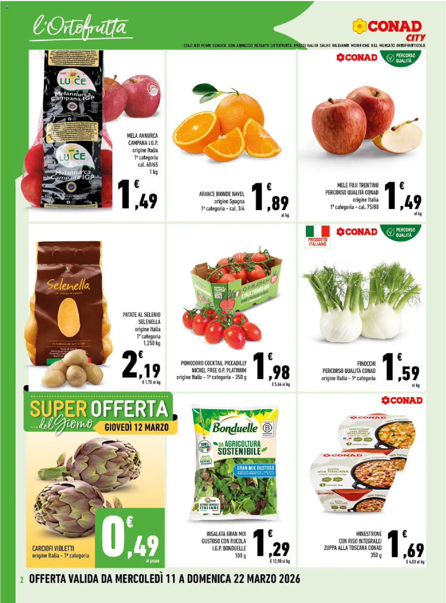 Volantino Conad del 11.03.2026 | Pagina: 2 | Prodotti: Minestrone, Arance, Patate, Carciofi