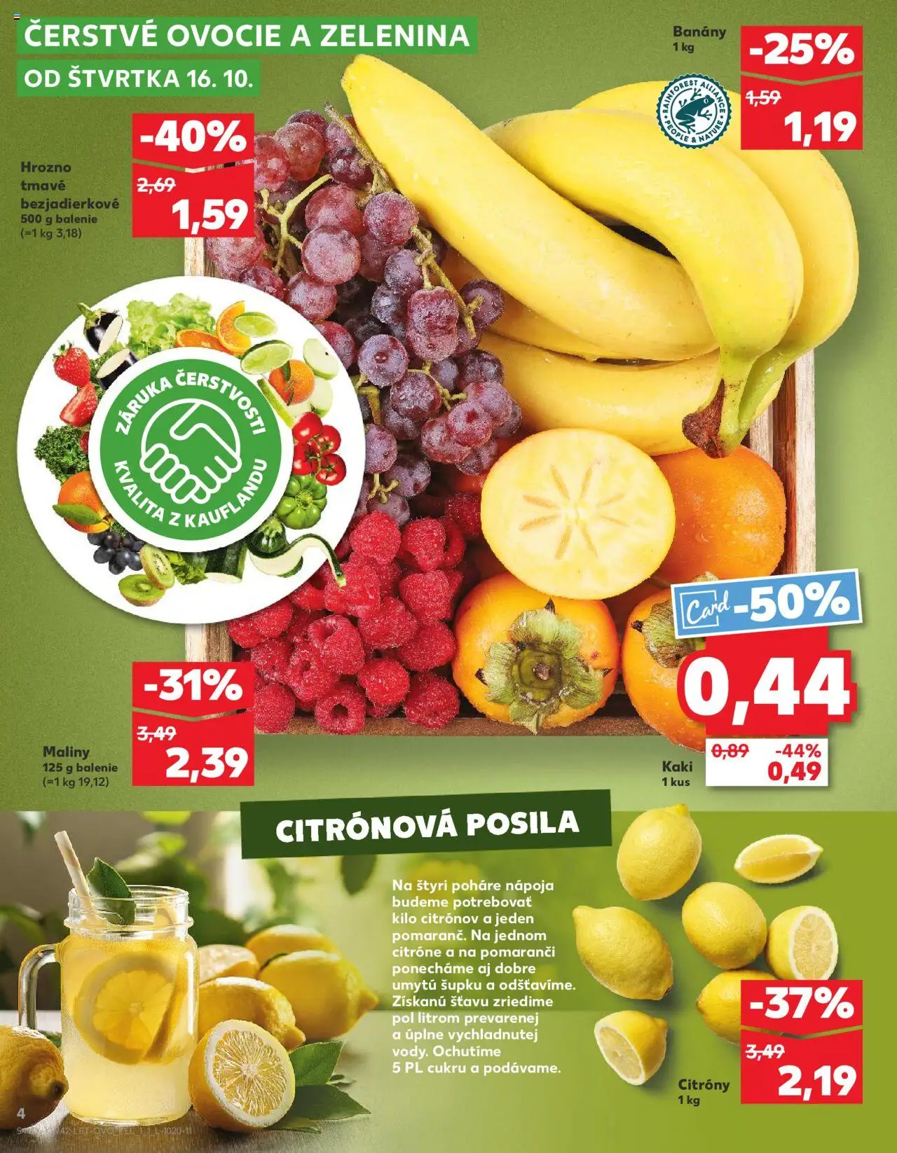 Nové Kaufland akcie – leták je platný od 16.10.2025 | Strana: 4 | Produkty: Kaki, Banány, Citróny, Hrozno