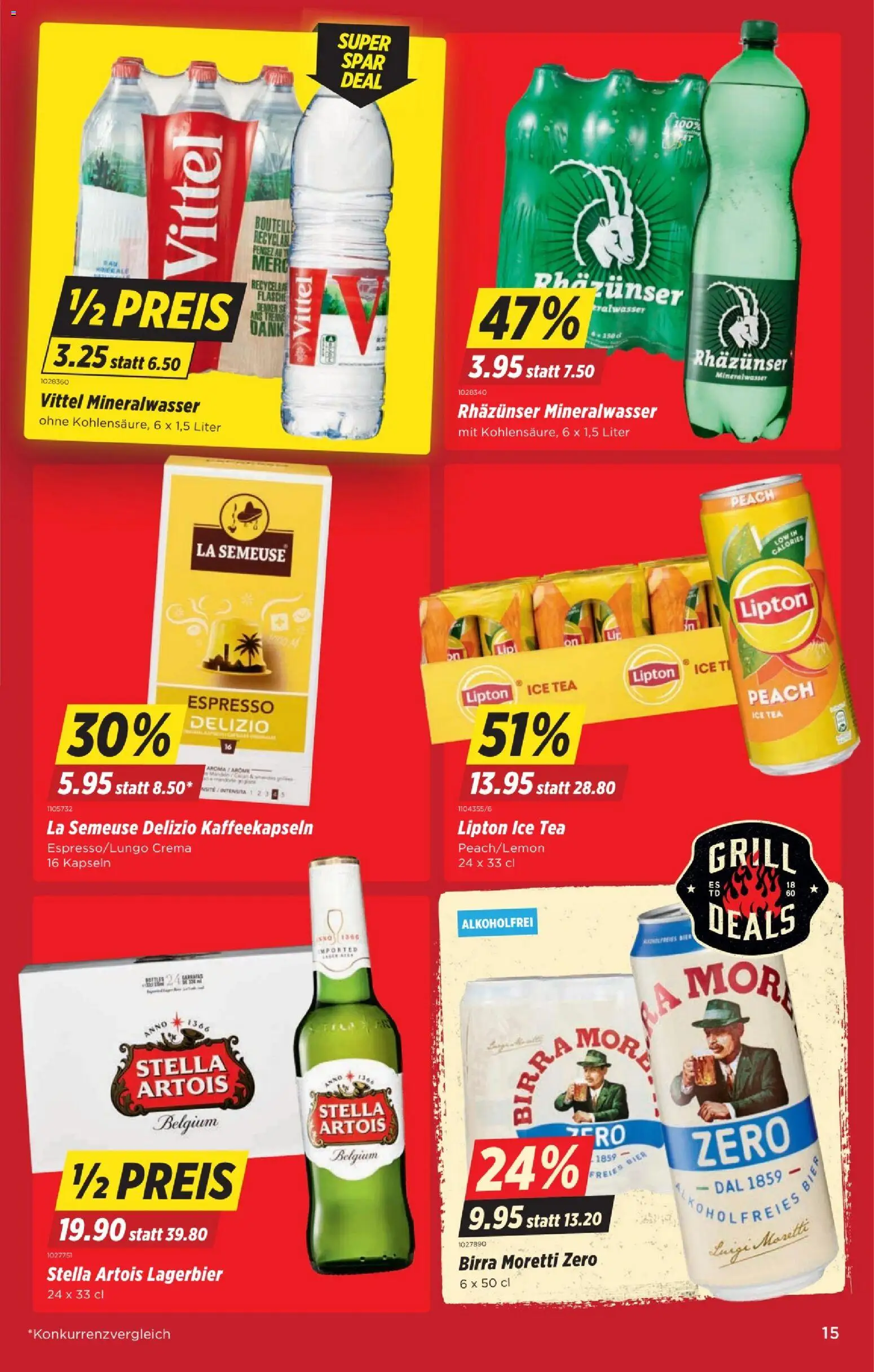 Denner aktionen – gültig ab 16.04.2026 | Seite: 15 | Produkte: Mineralwasser, Bier, Grill