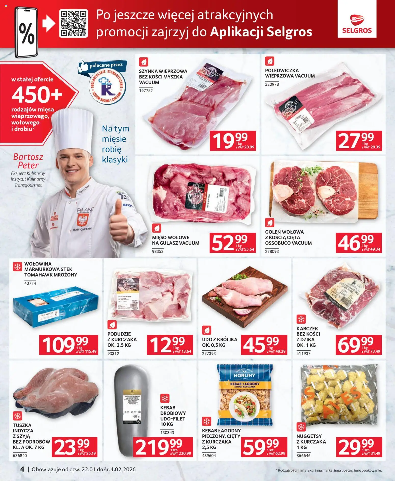 Selgros cash&carry Gazetka - Oferta dla gastronomii od 22.01.2026 | Strona: 4 | Produkty: Mięso, Szynka wieprzowa, Szynka, Wołowina