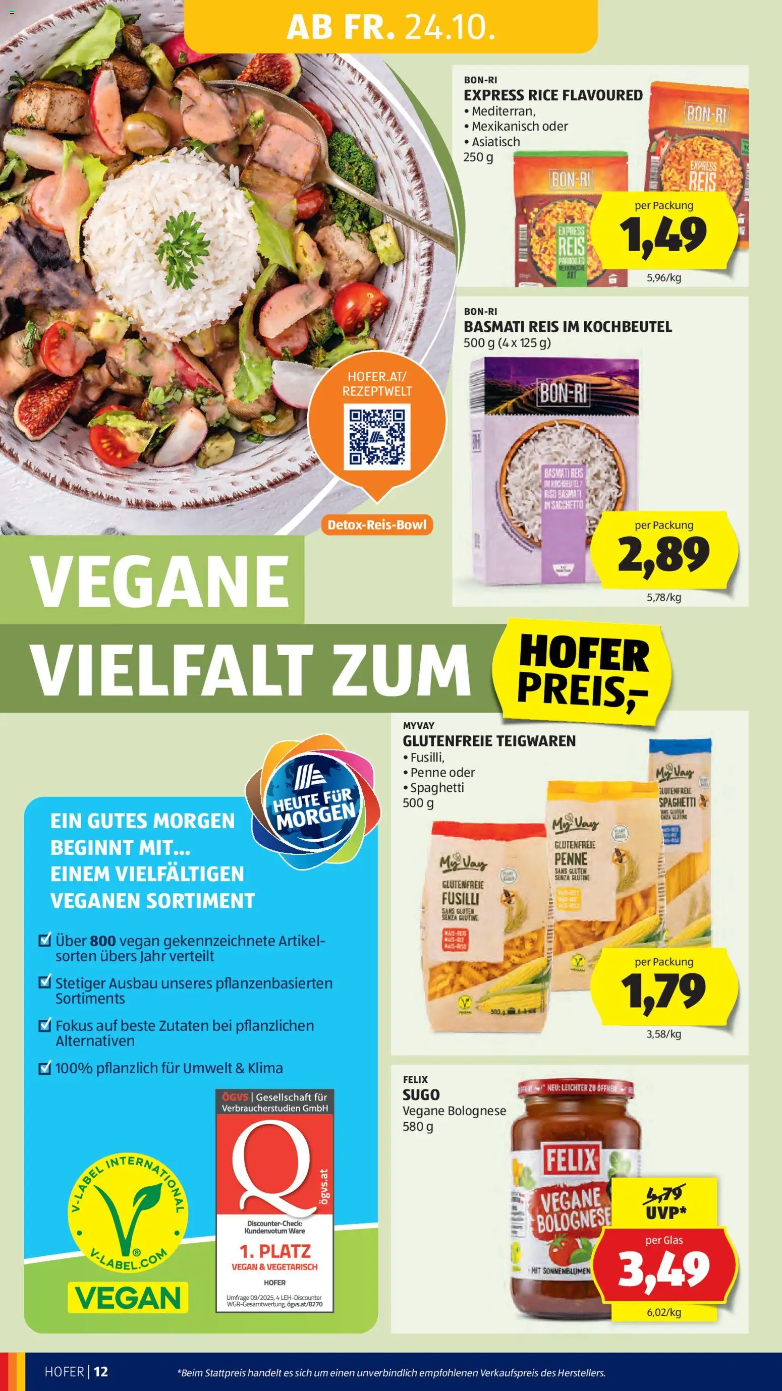 Hofer AT akciós ujság - amely érvényes a következő dátumtól: 24.10.2025 | Oldal: 14 | Termékek: Penne, Vegán