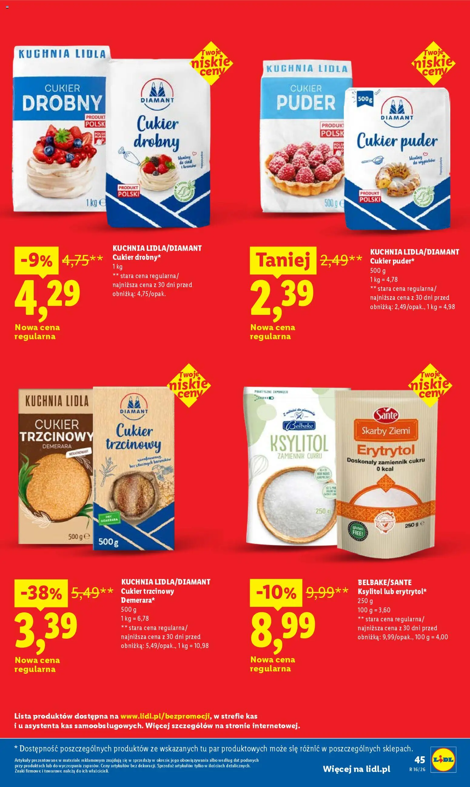 Lidl gazetka od 16.04.2026 | Strona: 45 | Produkty: Erytrytol, Cukier puder, Cukier trzcinowy, Cukier