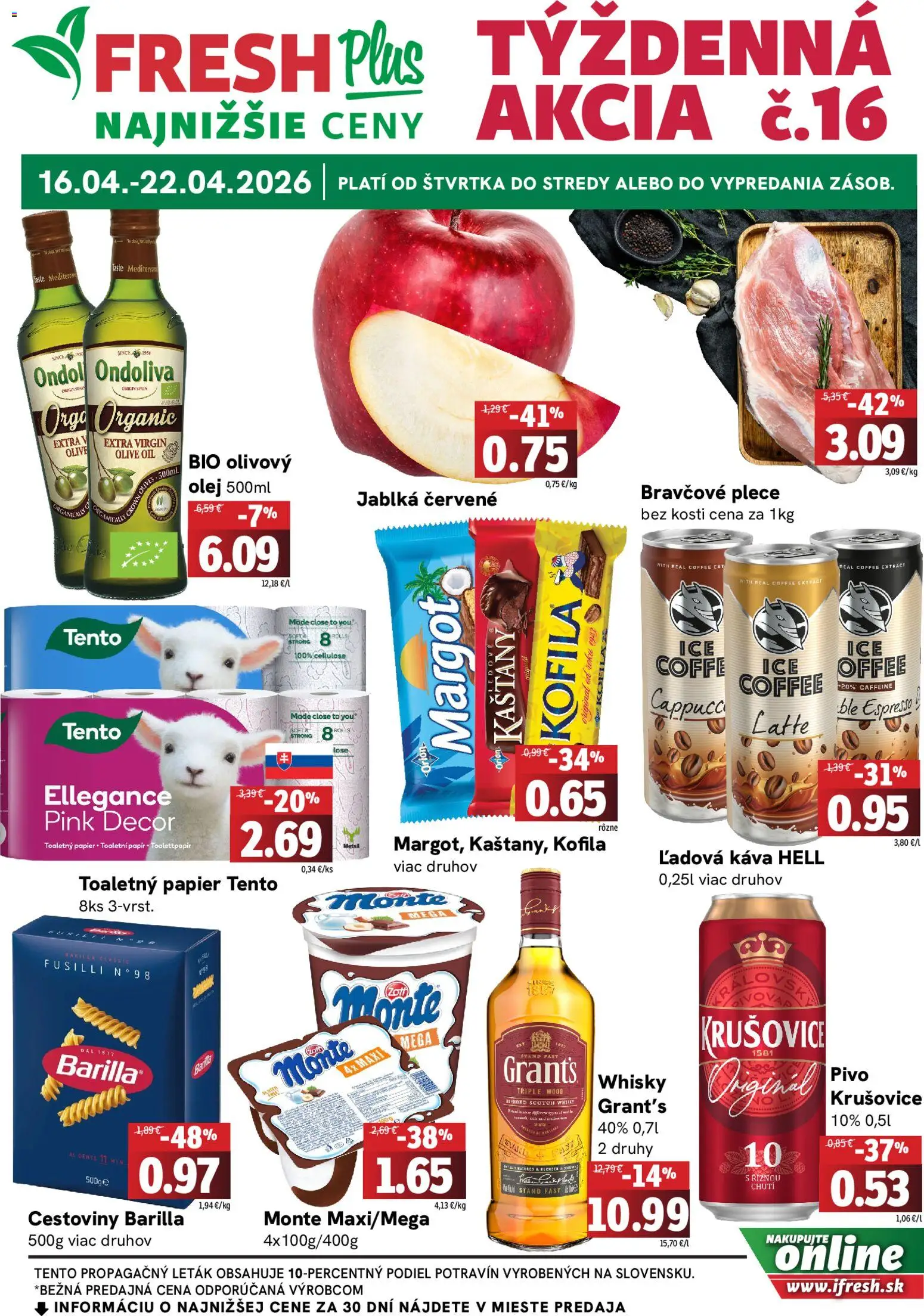 Nové Fresh akcie – leták je platný od 16.04.2026 | Strana: 1 | Produkty: Pivo, Káva, Krušovice, Whisky