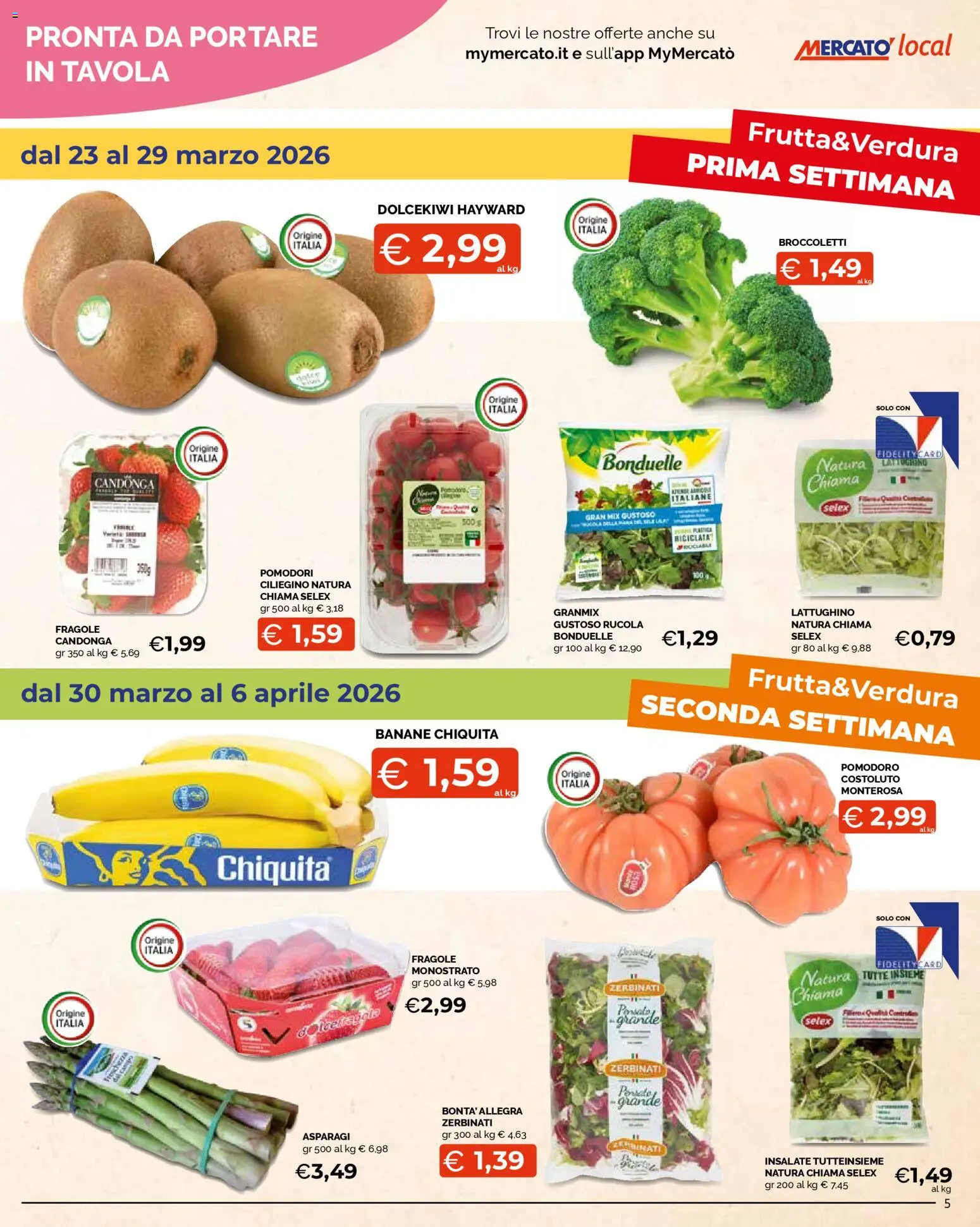 Volantino Mercatò del 23.03.2026 | Pagina: 5 | Prodotti: Banane, Fragole, Pomodori, Broccoletti